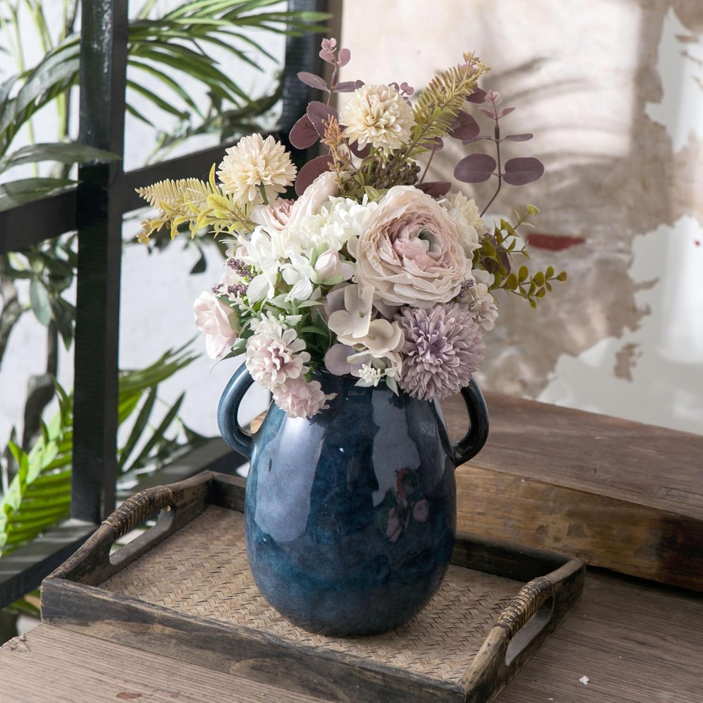 Blue Ceramic Vase with 2 Handles for Modern Farmhouse Home Decor, Vintage Rustic Decorative Vases, Small Vase for Fresh and Dried Flowers, Centerpiece Table Decorations, 7 Inch