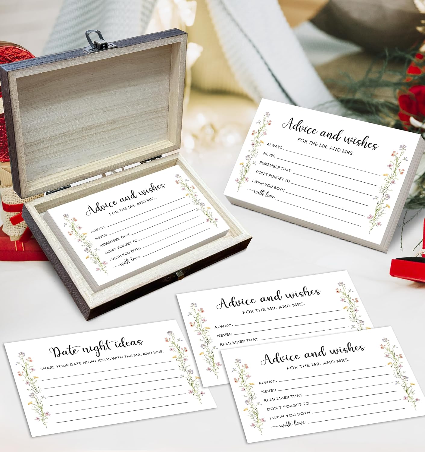 Advice and Wishes for the Mr and Mrs Box - 50 Pcs Wedding Advice Cards Bridal Shower Game Cards Reception Guest Book for Bride Groom Newlywed Engagement Party Decoration(Wildflower) -A04