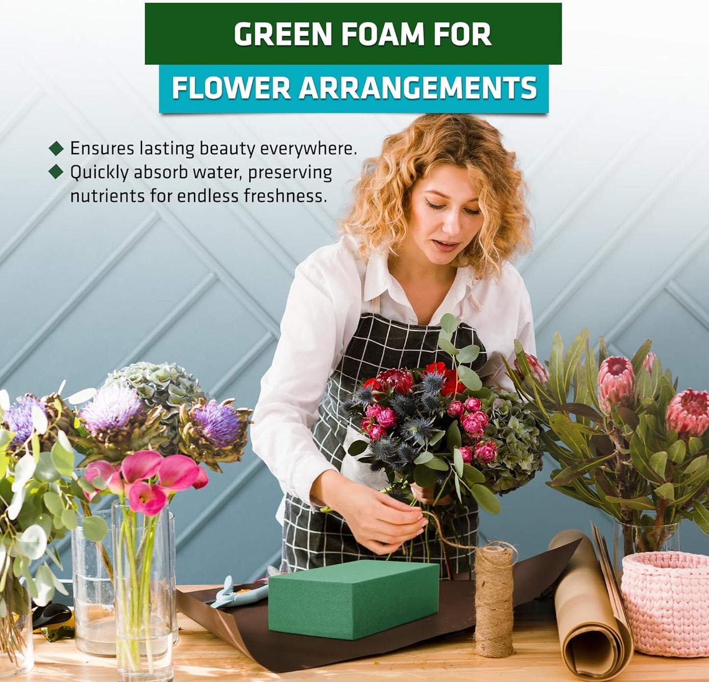 FLORABELS 8 PCS Wet Floral Foam Blocks for Fresh Flowers, Each (9"L x 4.1"W x 2.7"H)Green Foam for Flower Arrangements, Florist Foam Bricks for Weddings, Birthdays Gifts, Flower Foam Blocks for Crafts