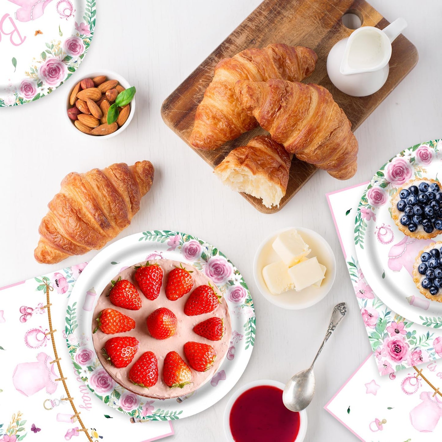 40pcs Pink Floral Baby Shower Decorations Girl Gender Reveal Supplies,Spring Rose Pink Baby Shower Plates and Napkins,Suitable for 20 Guests