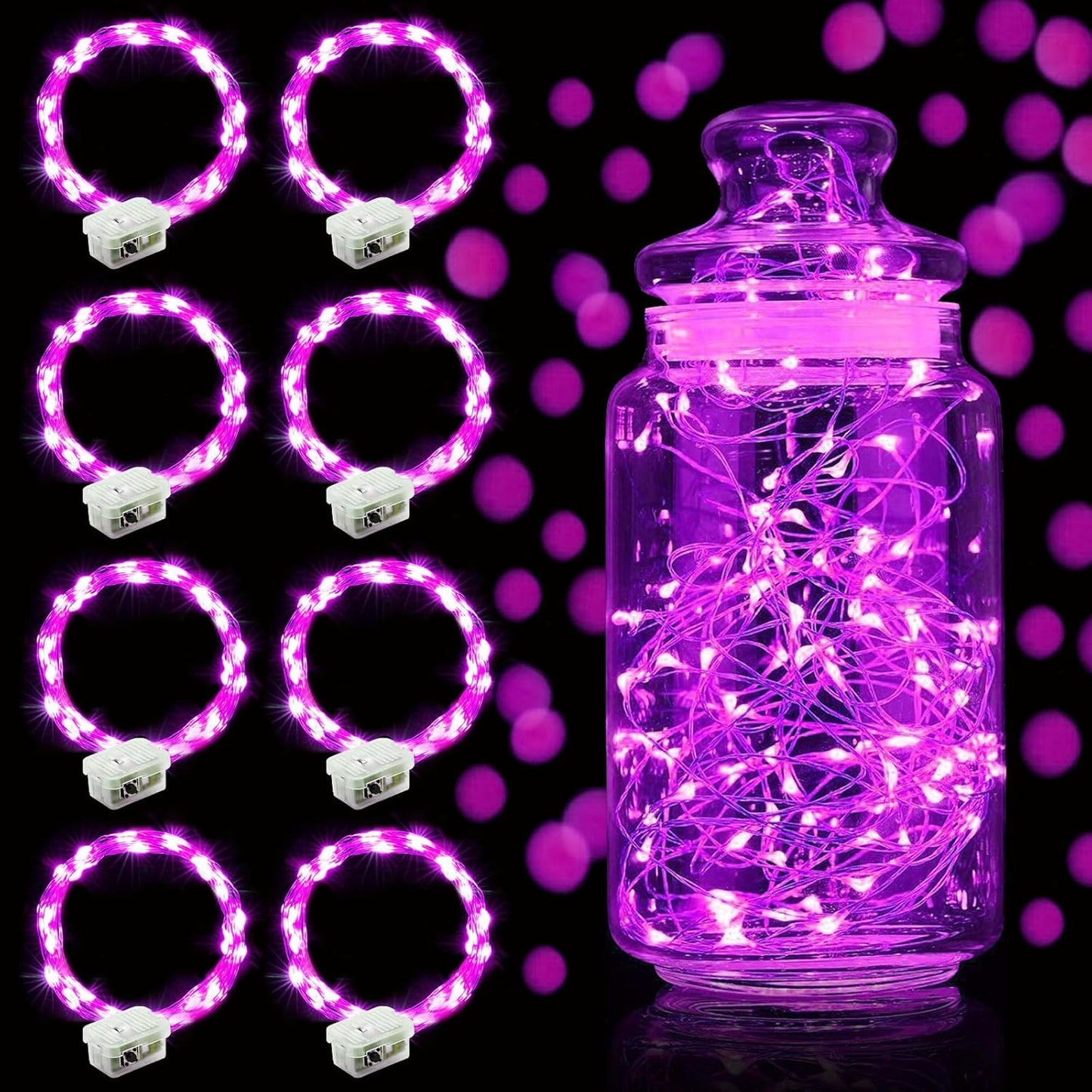 Aogist Led Fairy Lights 3 Modes Battery Operated String Lights Waterproof Silver Wire 7 Feet Firefly Starry Moon Mason Jar Lights for DIY Wedding Party Christmas (Pink, 8 Pack)