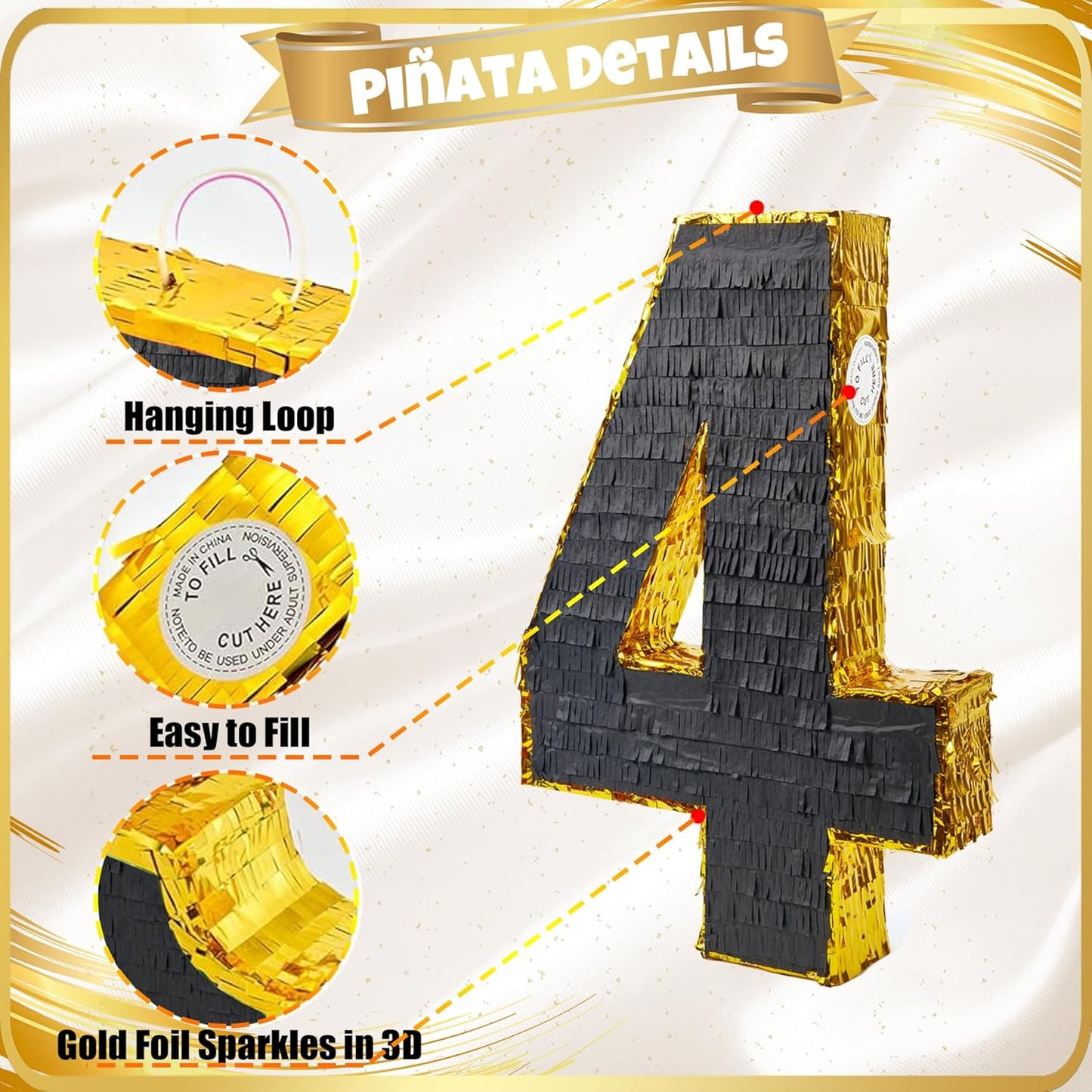 PCFING 20 Inch Number 4 Piñata Gold Black with 30 Inch Piñata Stick Blindfold Confetti for Man Women Boys Girls Birthday Party Decorations, Anniversary Celebration, Fiesta