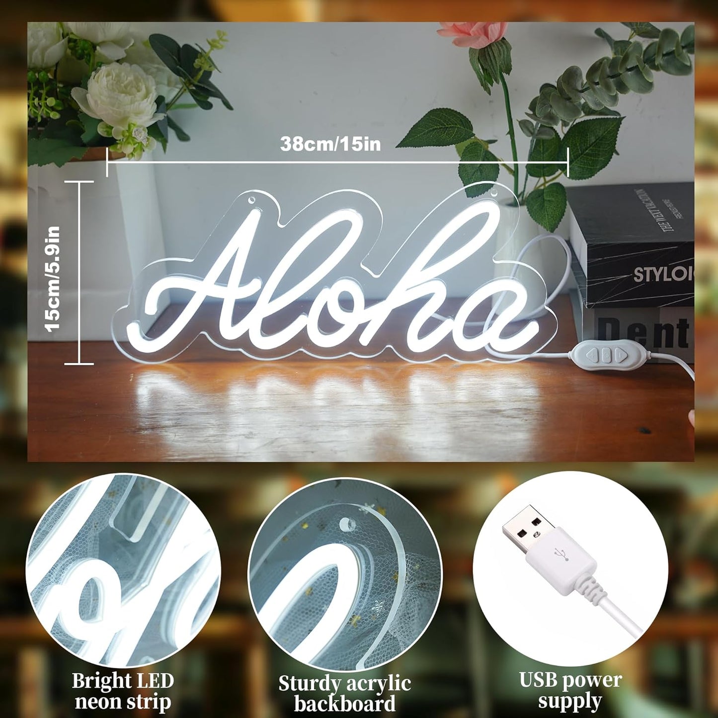 Aloha Neon Light Aloha Cold White Neon Sign for Wall Decor, 15"x5.9" LED Neon Art Decorative Lights with Dimmer Switch USB Operated for Home, Bar Club Wedding and Party Decor, Christmas, Birthday Gift