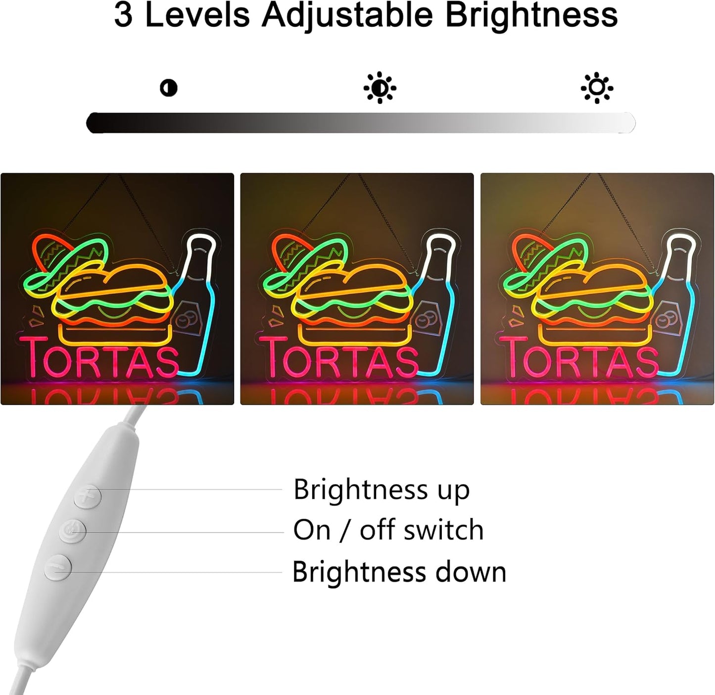 CNBEYOUNG Tortas Neon Sign, Neon Lights Hanging Wall Art Decoration for Mexican Restaurants Shop Bar Food Truck Kitchen Party Home Decor, USB - Driven, Super Bright & Adjustable,16.54x 12.6inches