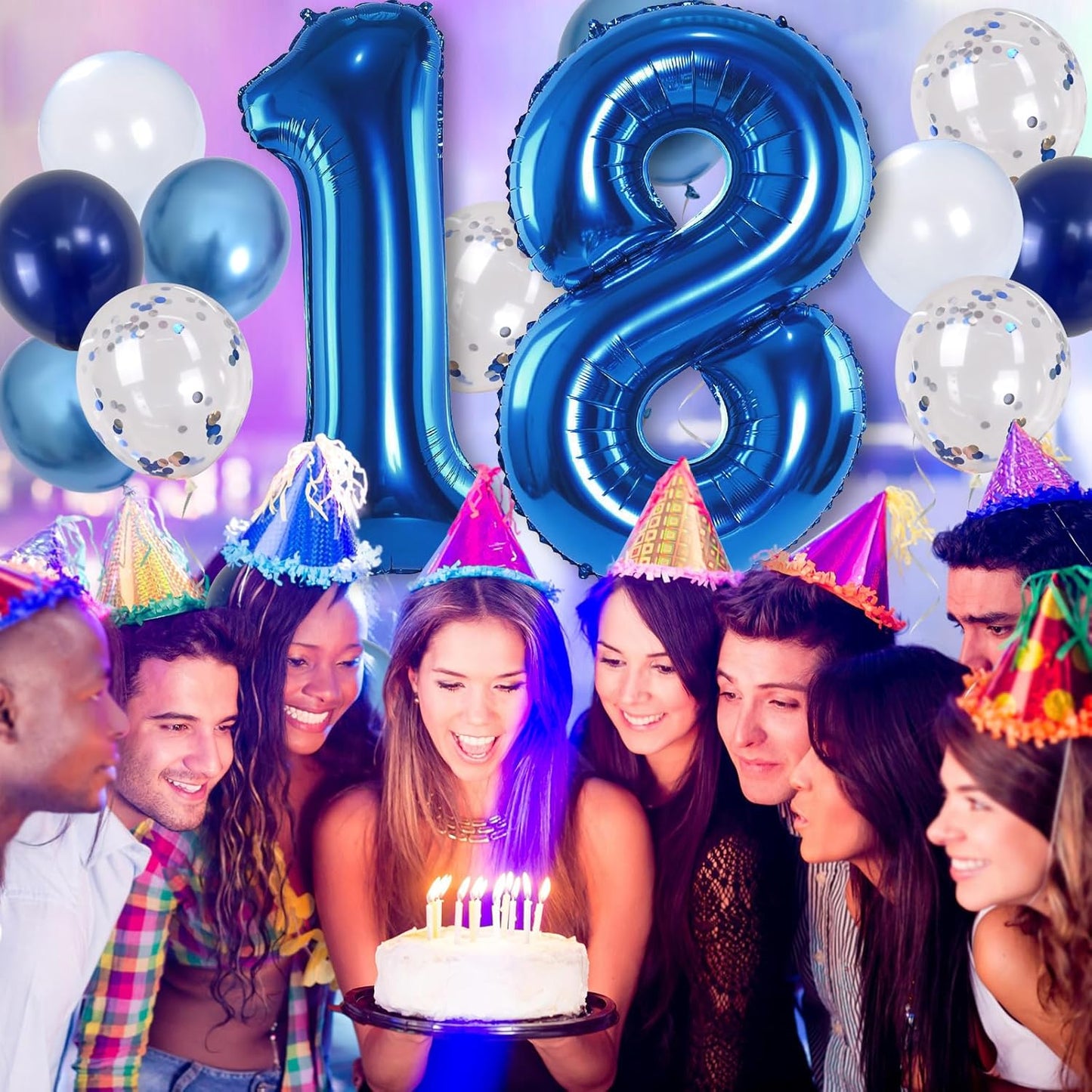 Navy Blue 18 Balloons, 40 Inch Dark Blue Foil Number 18 Balloon Set, XXL Self Inflating 18 Helium Balloon with Metallic Blue Silver Confetti Balloon for Men 18th Birthday Anniversary Party Decorations