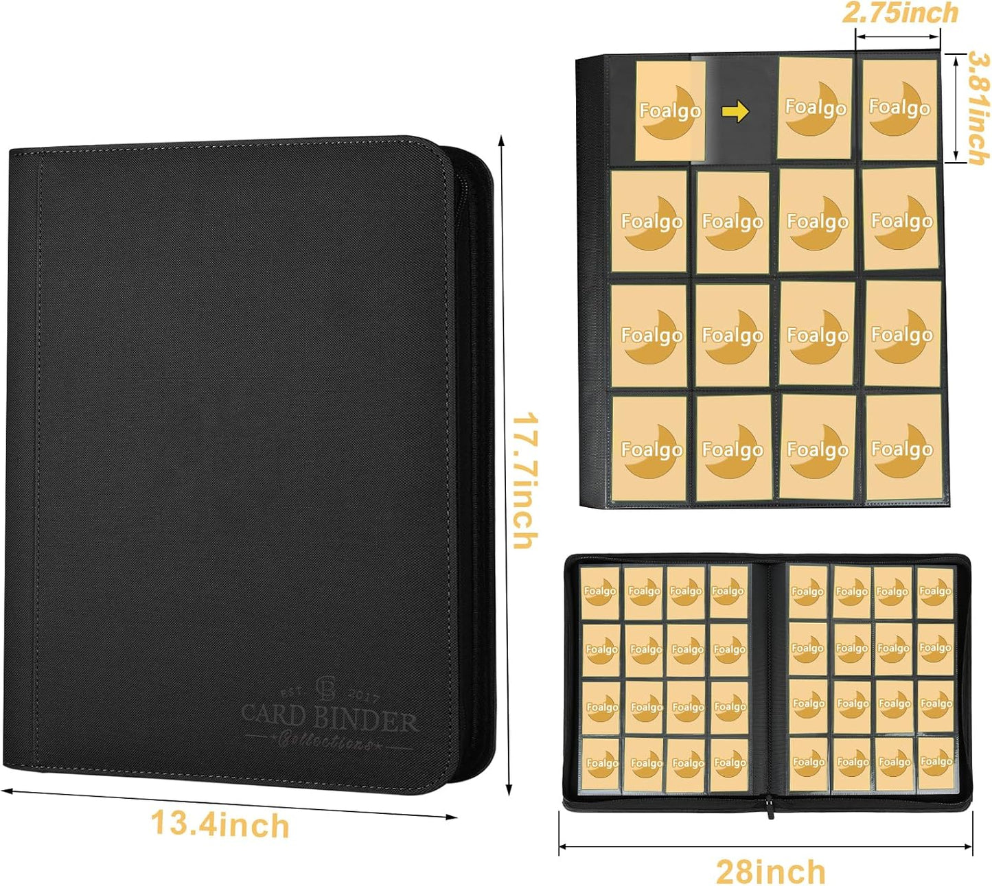 Trading Card Binder 16 Pocket, Foalgo PU Cover Card Binder for 1000+ Cards, Premium Trading Card Holder Folders, Double Sided Pocket Card Album for MTG, TCG (Black)