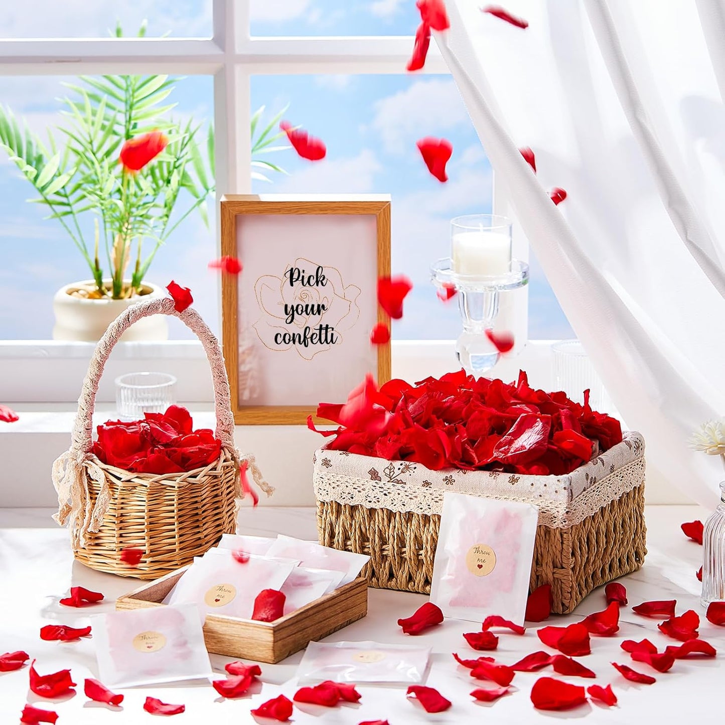 Biodegradable Confetti 10.58 Oz eucalyptus leaves Dried Flower Petals with Throw Me Stickers Confetti Biodegradable Flower Petals for Valentines Decor (Red Rose,Red,60 Pcs)