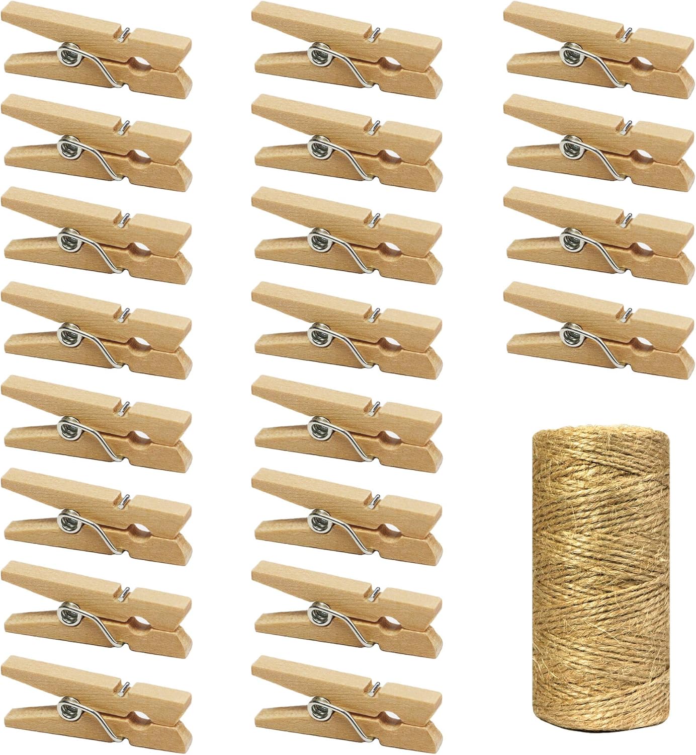 Mini Wooden Clothespins With Jute Twine, 250pcs, 1 Inch Photo Paper Peg Pin Craft Clips With 66ft Natural Twine for Scrapbooking, Arts & Crafts, Hanging Photos (Natural Color)