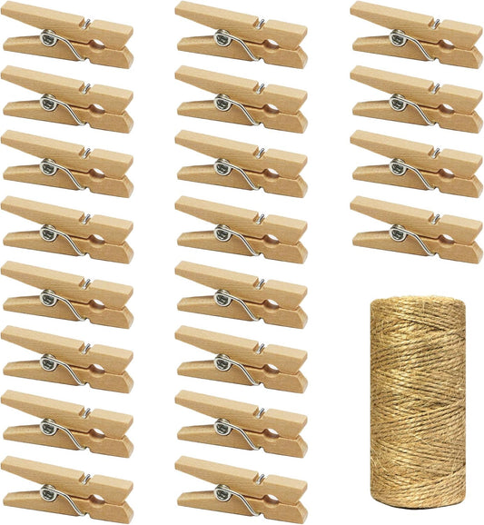 Mini Wooden Clothespins With Jute Twine, 250pcs, 1 Inch Photo Paper Peg Pin Craft Clips With 66ft Natural Twine for Scrapbooking, Arts & Crafts, Hanging Photos (Natural Color)