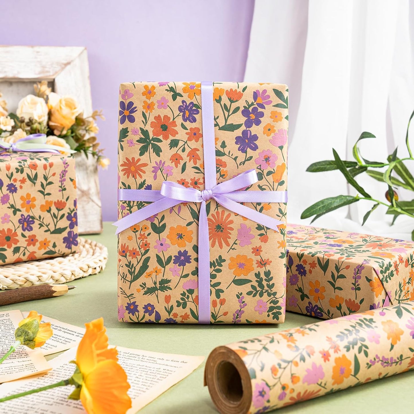 WRAPAHOLIC Kraft Floral Wrapping Paper Roll - Mini Roll - 17 Inch x 9.8 Feet - Vintage Flower Wrapping Paper, Perfect for Wedding, Birthday, Bridal Shower, Tea Party
