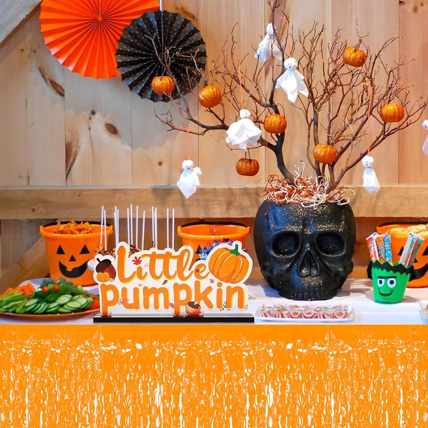 4P Wavy Metallic Tinsel Foil Fringe Table Skirts for Rectangle Tables Backdrop Garland Curtains for Parade Floats Wedding Birthday Parties Decoration Graduation 2025 Christmas (Makaron Orange)