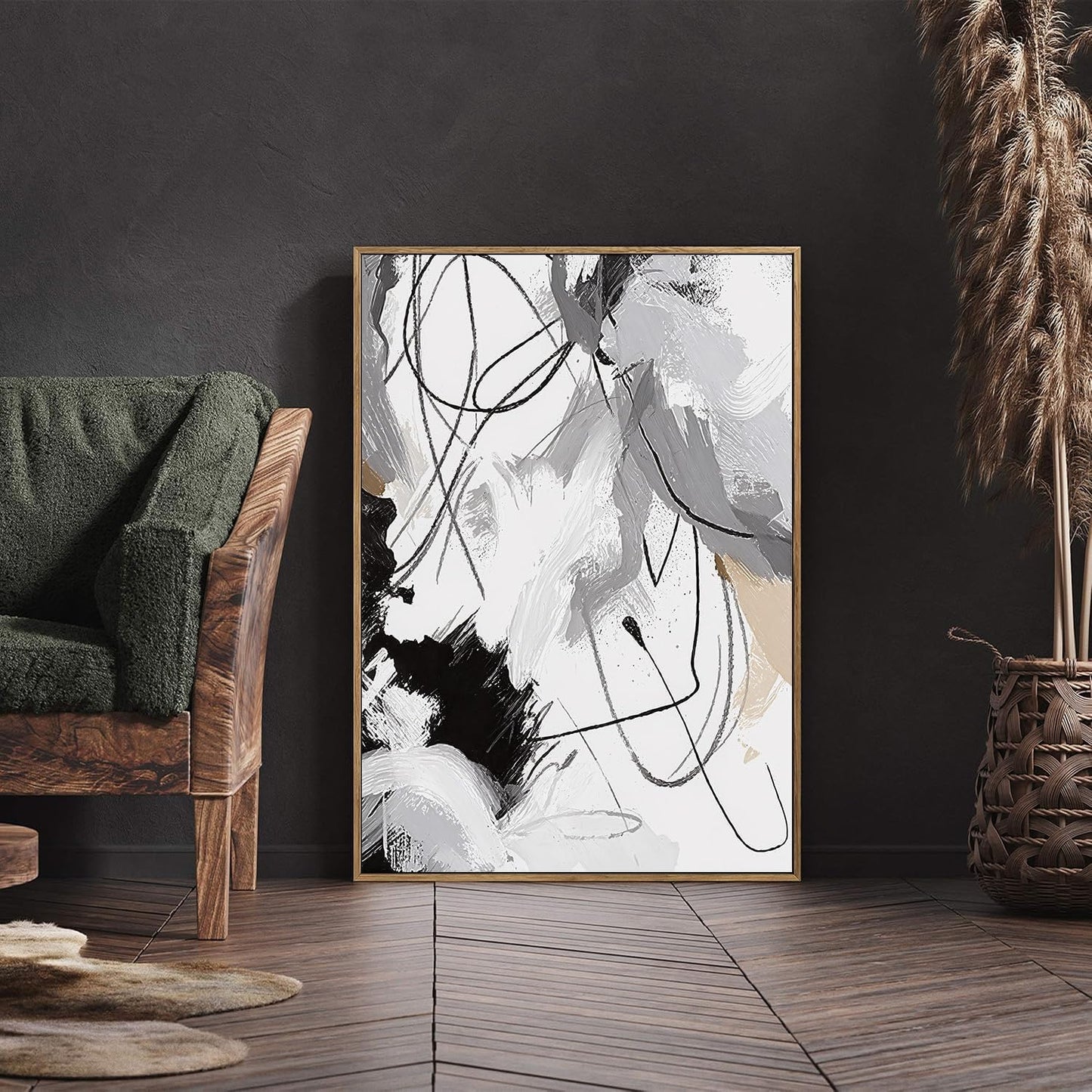 myusuar 3 Piece Large Modern Abstract Canvas Framed Wall Art For Living Room, Black And White Lines Minimalist Wall Art Decor Posters Prints For Bedroom Office, 12x16in