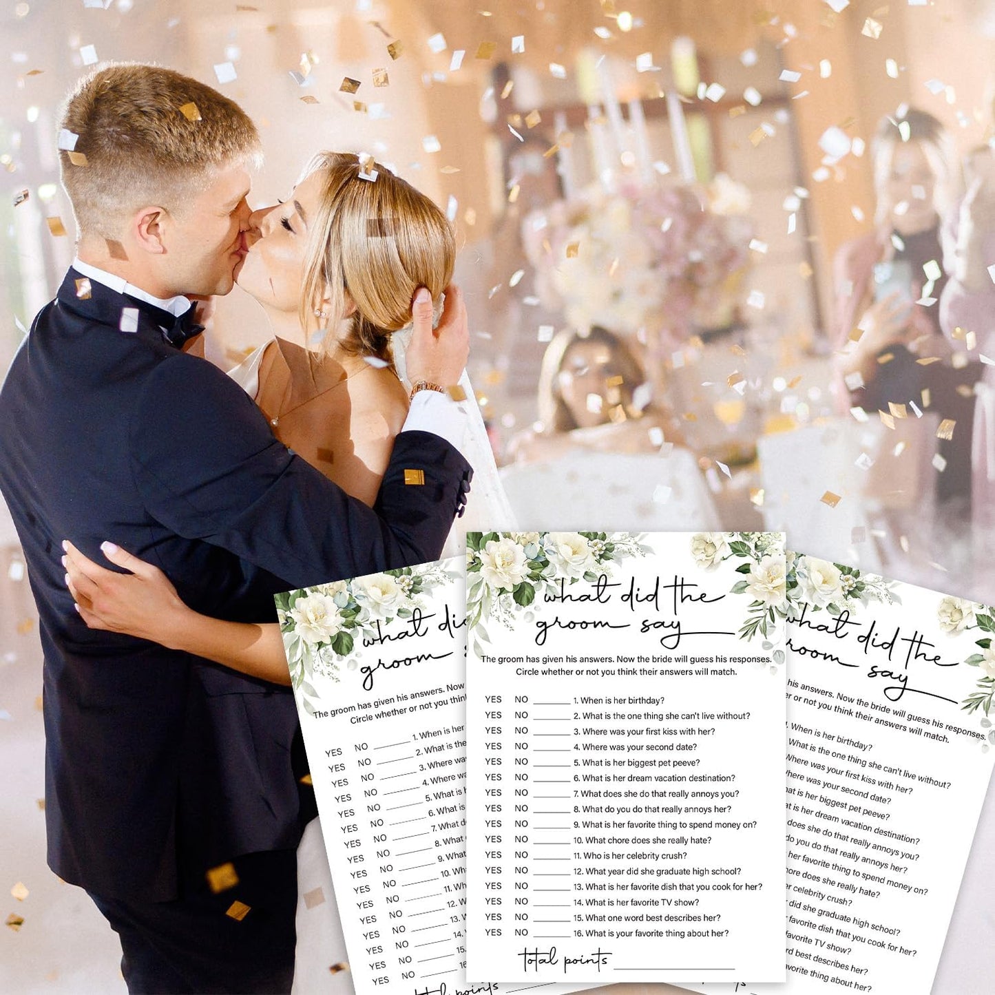 Eucalyptus Bridal Shower Games 30 Guests, What Did the Groom Say Bridal Games for Showers, White Rose Wedding Engagement Party Activity Party Supplies/Green-04