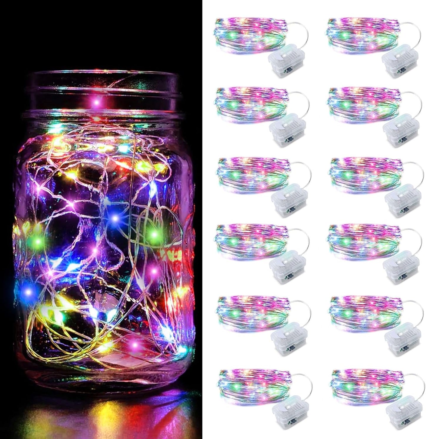Aogist 12 Pack Fairy Lights 3 Modes 7ft 20 LED Waterproof,Battery Operated Silver Wire Firefly Starry Moon Mini String Lights for Mason Jars Christmas DIY Crafts Wedding Party Bedroom,Multicolor