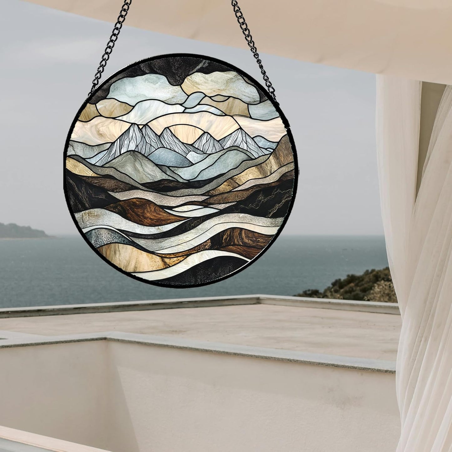 Stained Glass Window Hanging - Grey Mountains Landscape Suncatcher for Doors Garden Patio Retro Sun Catchers Decor Christmas Mother's Day Birthday Gifts for Women Men Mom Nana Friend 11.8 in