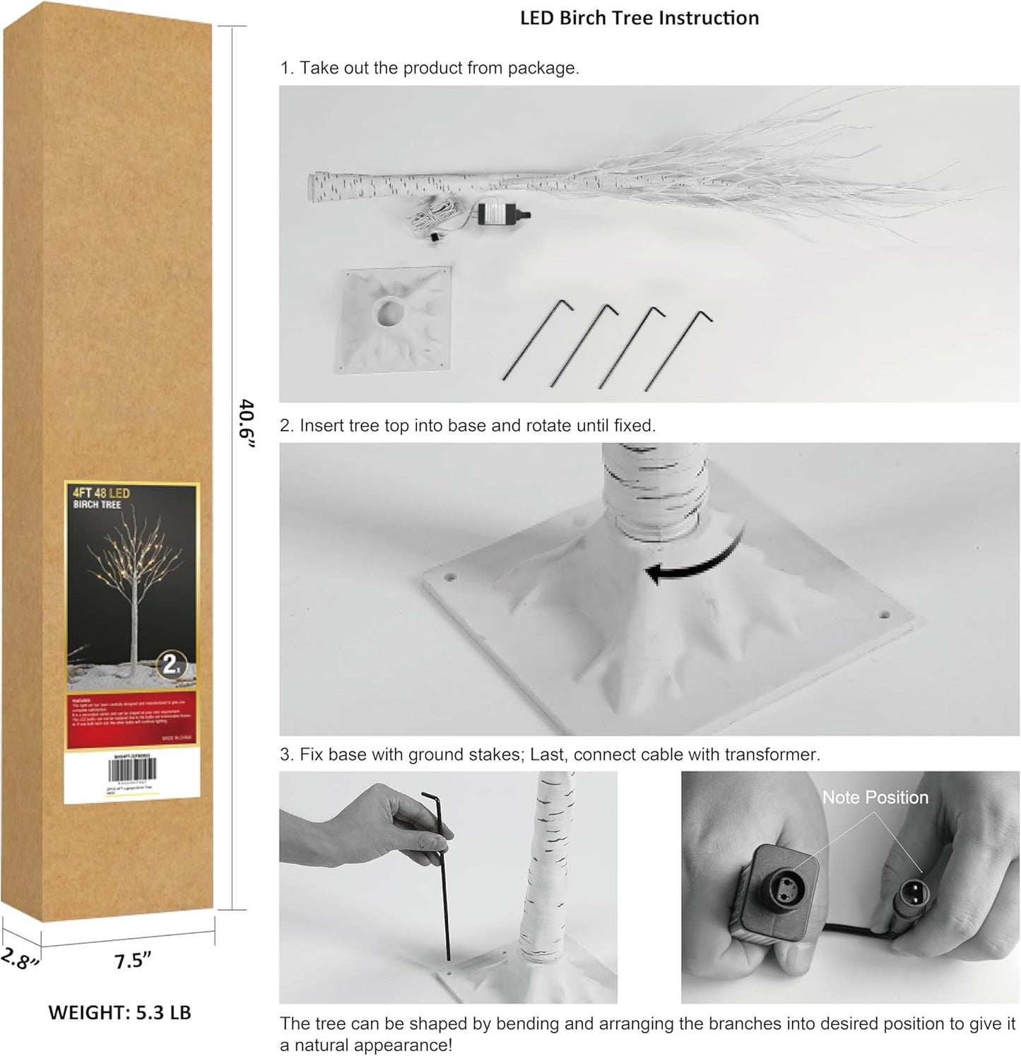 LIGHTSHARE 4 Feet 48L LED Birch Tree Lights, Pack of 2, Warm White, for Holiday Party and Christmas Decoration, Indoor and Outdoor Use