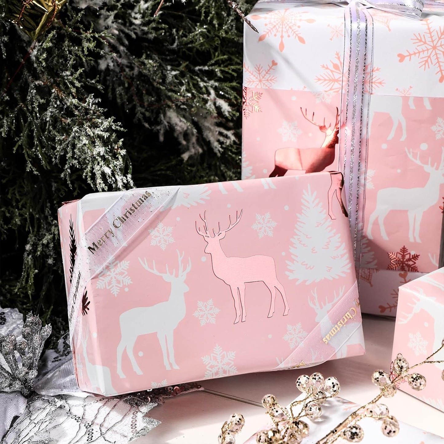 LeZakaa Christmas Pink Wrapping Paper Jumbo Roll, Reindeer & Snowflake, Metallic Foil, Rose Gold Foil Reversible Design for Festive Winter Holiday, Family Gathering, 30 inches x 32.8 Feet