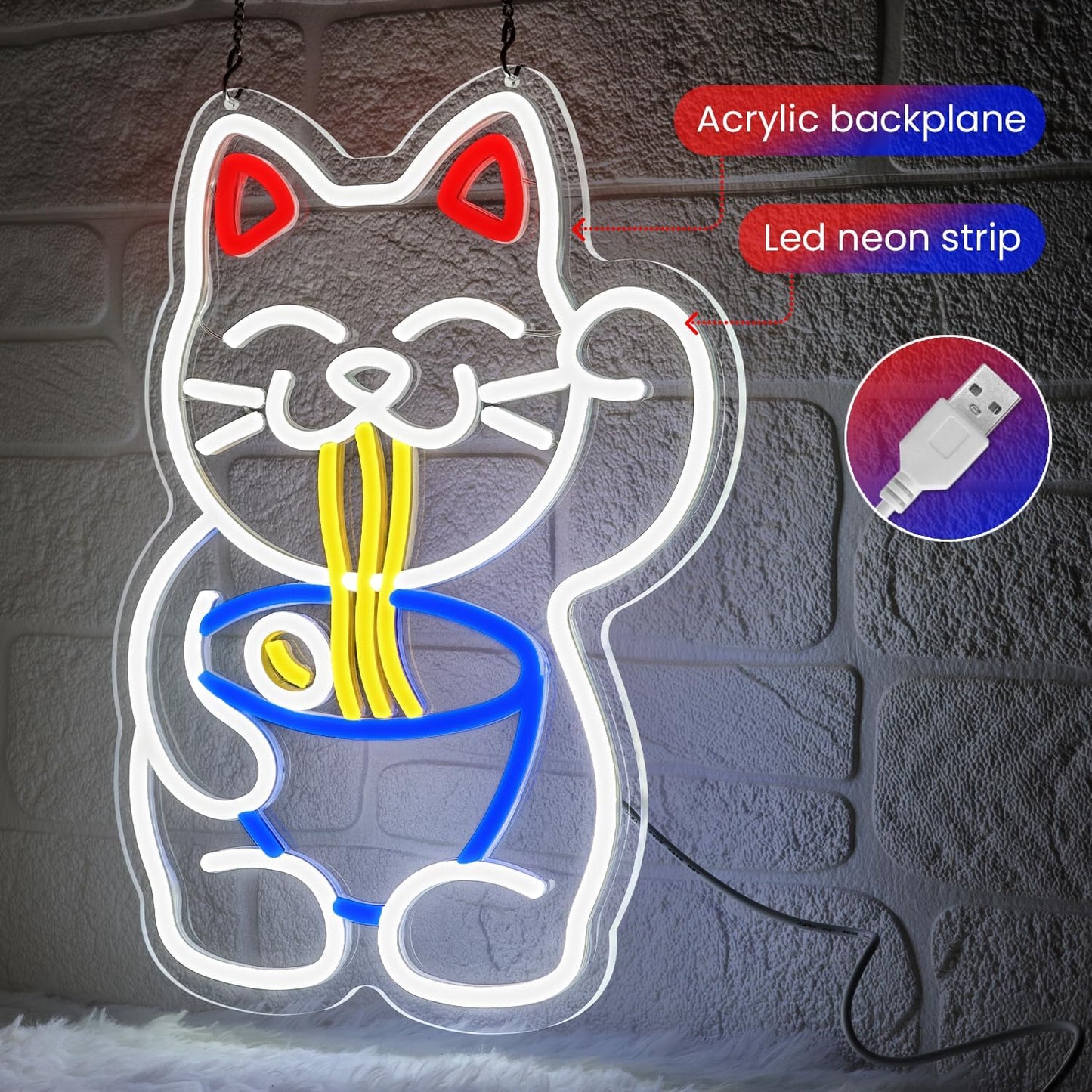 Lucky Cat Ramen Neon Sign,Neon Signs for Wall Decor,Dimmable USB Led Cat Sign,Neon Lights for Bedroom,Japanese Lucky Cat Noodle Led Neon Signs,Gift for Ramen Lovers,Anime Fans & Foodies