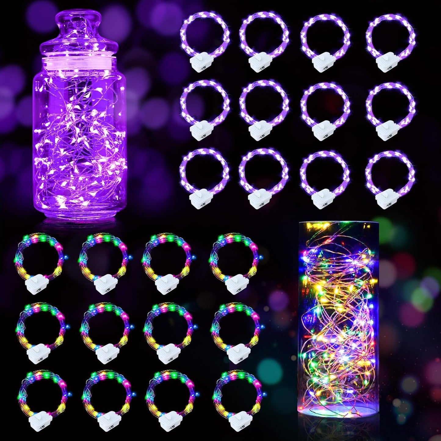 pozzolanas 24 Pack 7ft Waterproof LED Fairy Lights - Battery Operated String Lights with 20 LEDs for Home, Mason Jar, Party, Wedding, Halloween, Christmas Decorations (12 Multicolor & 12 Purple)