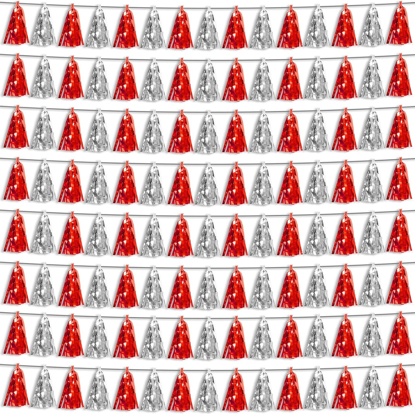 8P Red Silver Foil Fringe Metallic Tassel Streamers Banner Tassel Garland for Parade Floats, Bachelorette, Wedding, Birthday, Halloween, Christmas, Bridal/Baby Shower Party Decorations