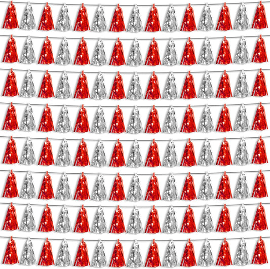 8P Red Silver Foil Fringe Metallic Tassel Streamers Banner Tassel Garland for Parade Floats, Bachelorette, Wedding, Birthday, Halloween, Christmas, Bridal/Baby Shower Party Decorations