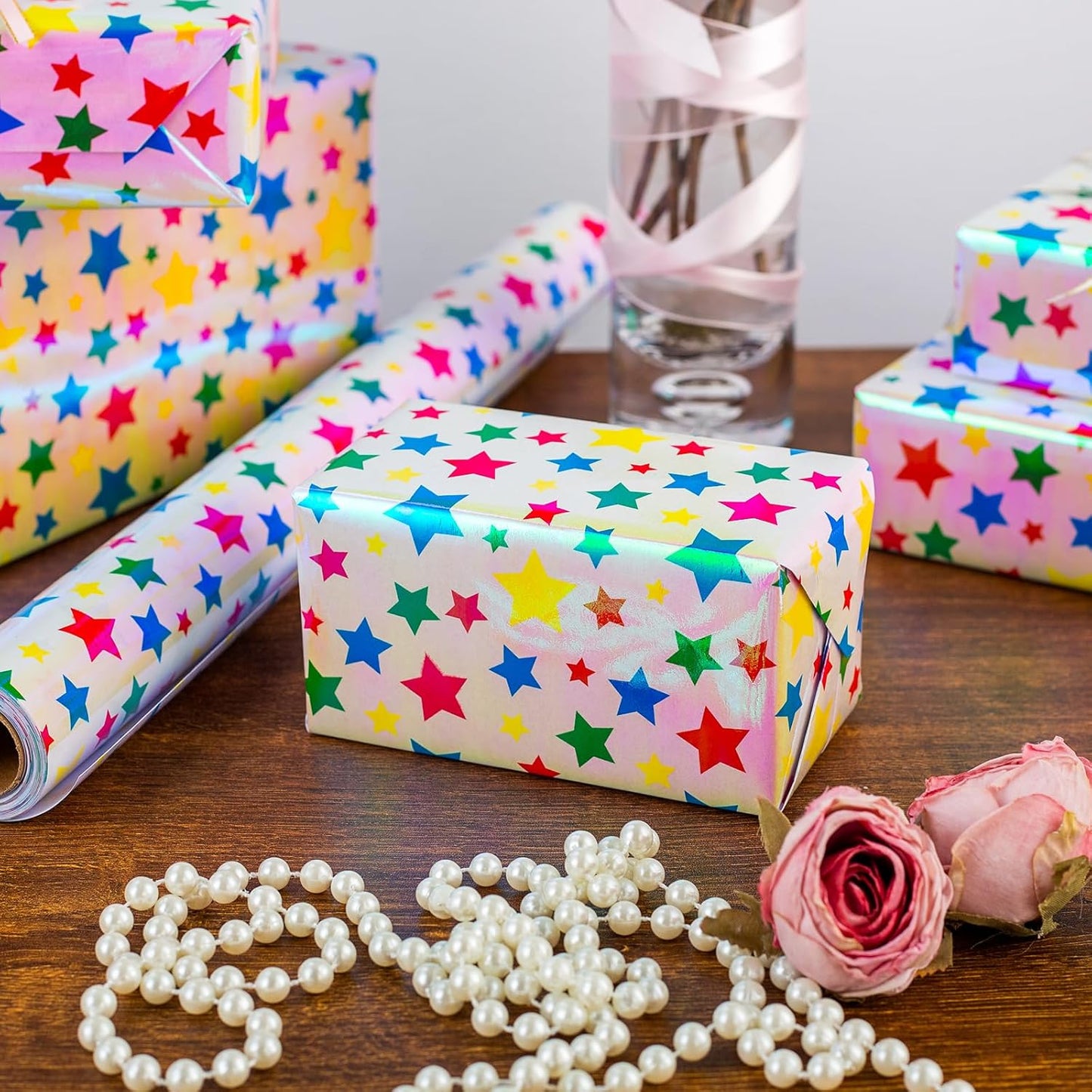 Burymento Holographic Pink Star Gift Wrapping Paper for Birthday, Valentines, Mothers day, Graduation, Wedding, Fathers day, Baby Shower, Christmas (17in x 32.8ft)