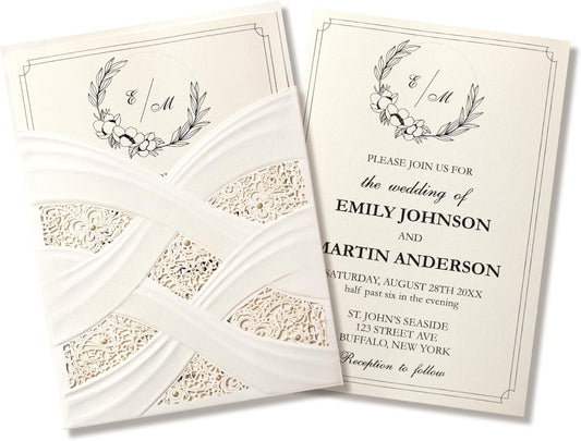 50pcs Laser Cut Wedding Invitations with Envelopes Ivory White, 5x7.3 Personalized Invitation Cards for Wedding