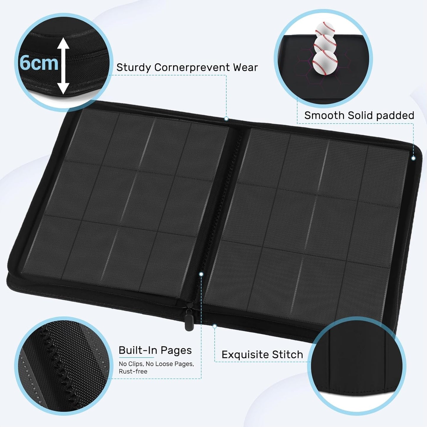 Trading Card Binder 12 Pocket, Zipper Binder Card Album Holds 720 Cards, 30 Pack Acid-Free Pages with Side Loading, Premium Leather Cover Card Folder for TCG/MTG/Sports Cards Collection, Black