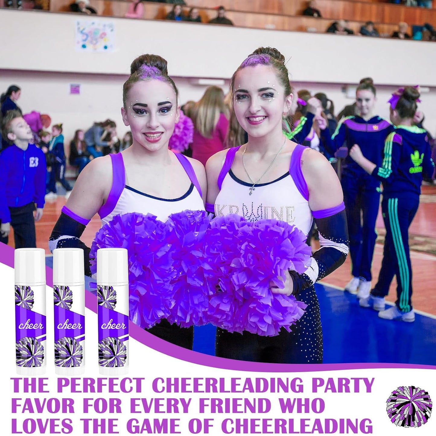 24 Pcs Cheer Lip Balm Cheer Teams Camp Gifts Pom Pom Leaders Party Favors Gear Lip Balm Mom Gift for Competitive Party Guest Supplies(Purple)