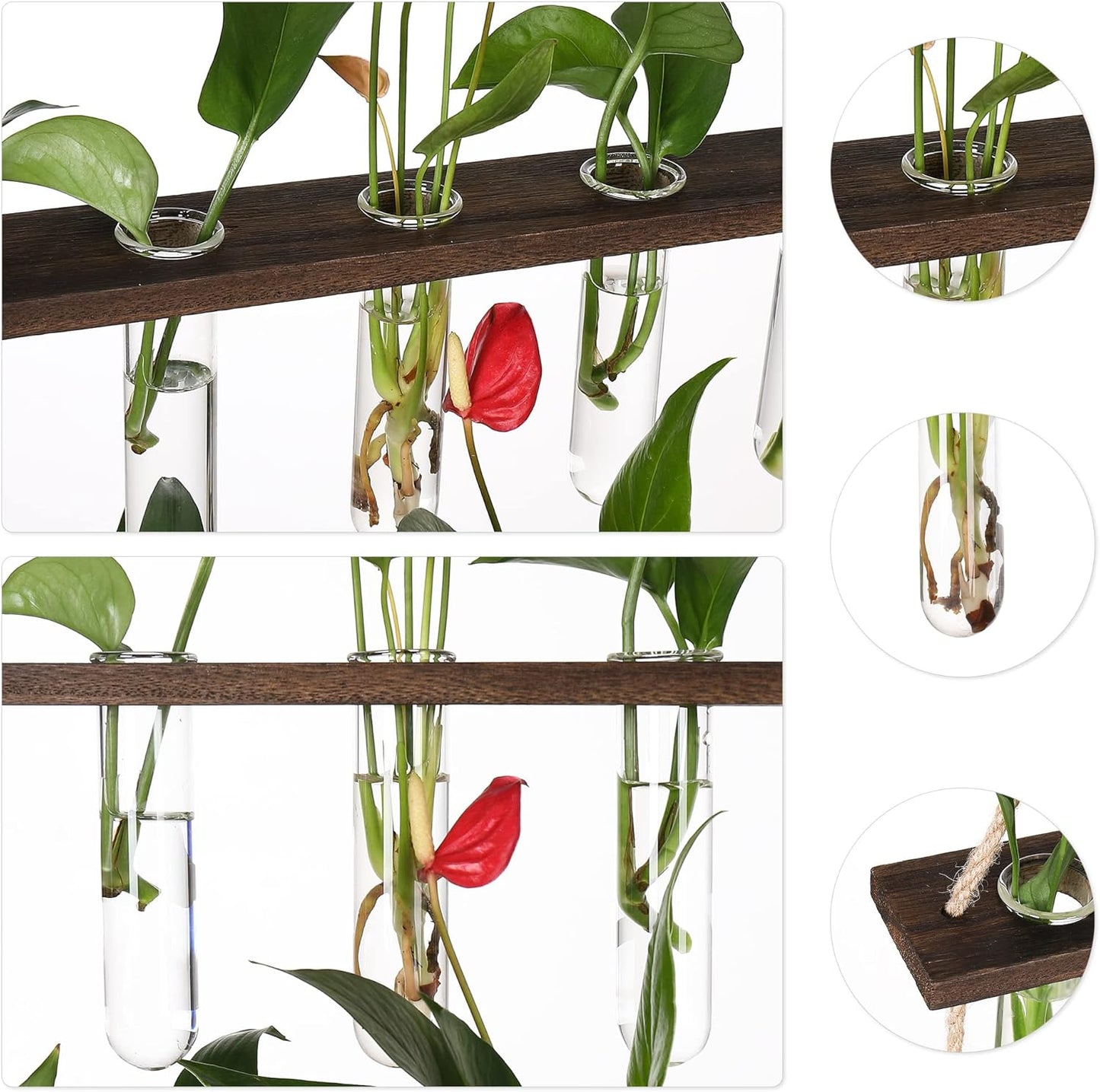 YIBOT Propagation Stations,3 Tiered Wall Hanging Terrarium with Wooden Stand,Mini Glass Test Tubes Vase,Propagation Tubes for Hydroponic Cutting Home Garden Office Decor Plant Lover Gift