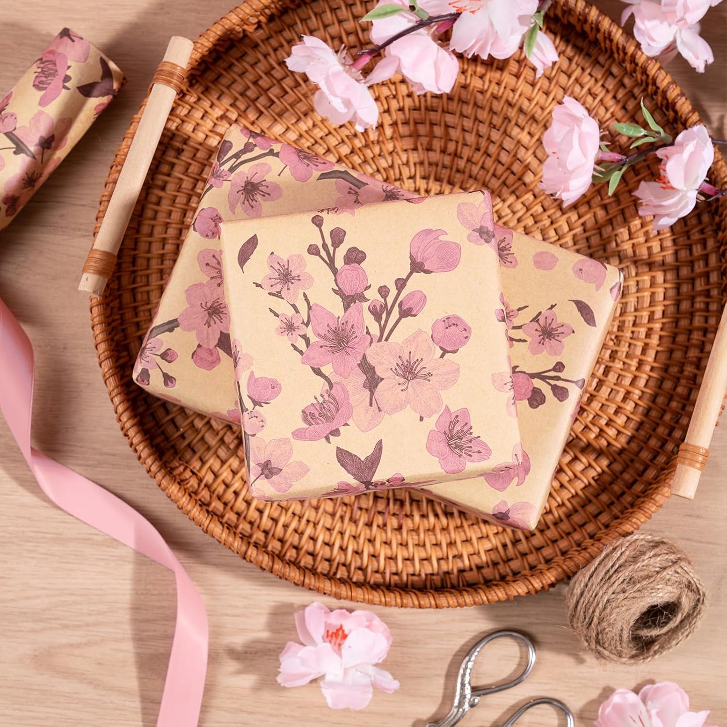 RUSPEPA Cherry Blossom Wrapping Paper Roll for Women Girls, Mini Roll, Pink Sakura Floral Kraft Gift Wrap Paper Perfect for Spring, Wedding, Birthday and Special Occasions, 17 Inches x 16.4 Feet