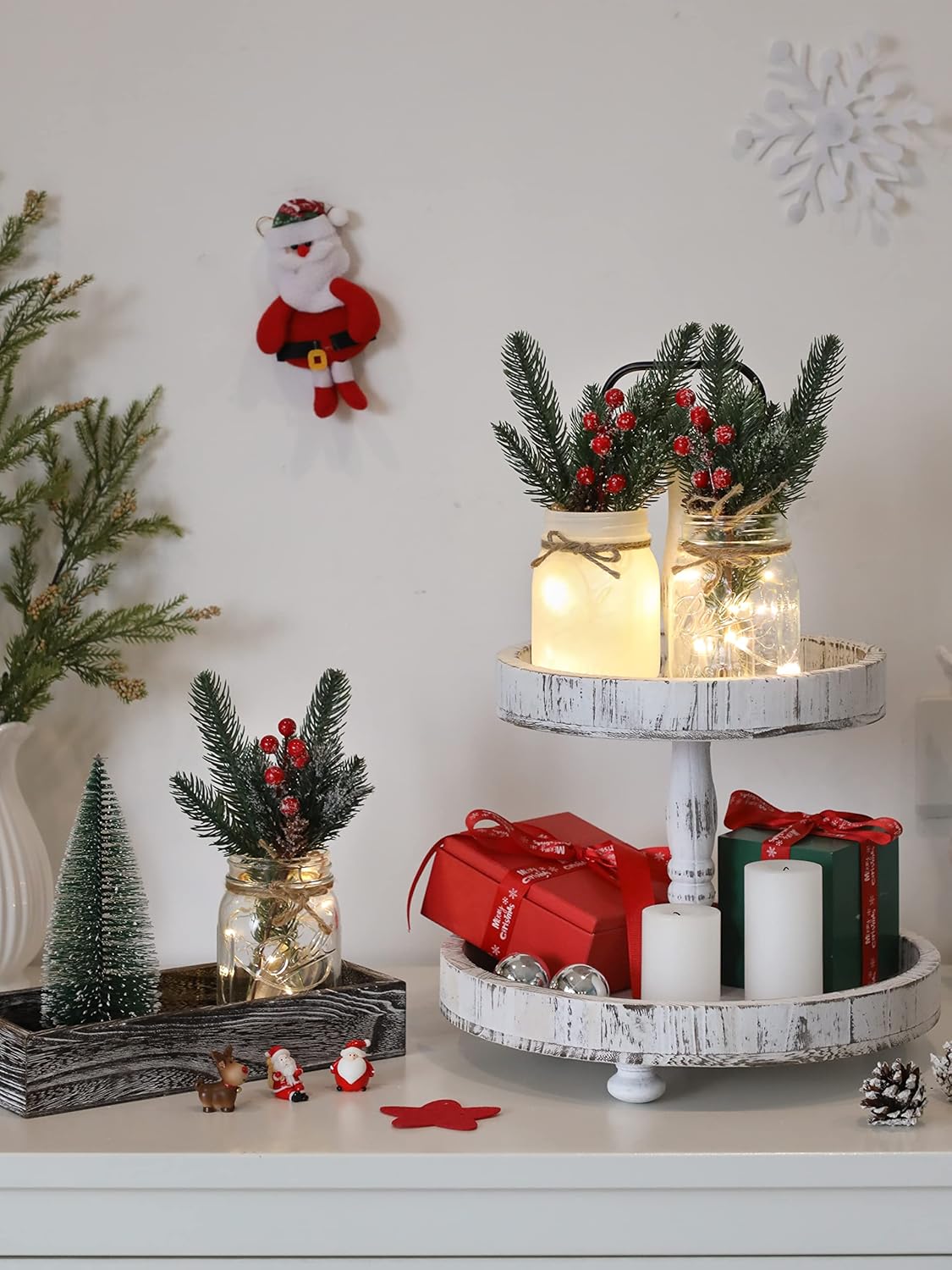 Christmas Mason Jars, Christmas Centerpiece Table Settings, Wood Tray with 3 Painted Jars, Dining Coffee Table Centerpiece, For Kitchen, Living Room, White Mason Jar Decor with Flowers