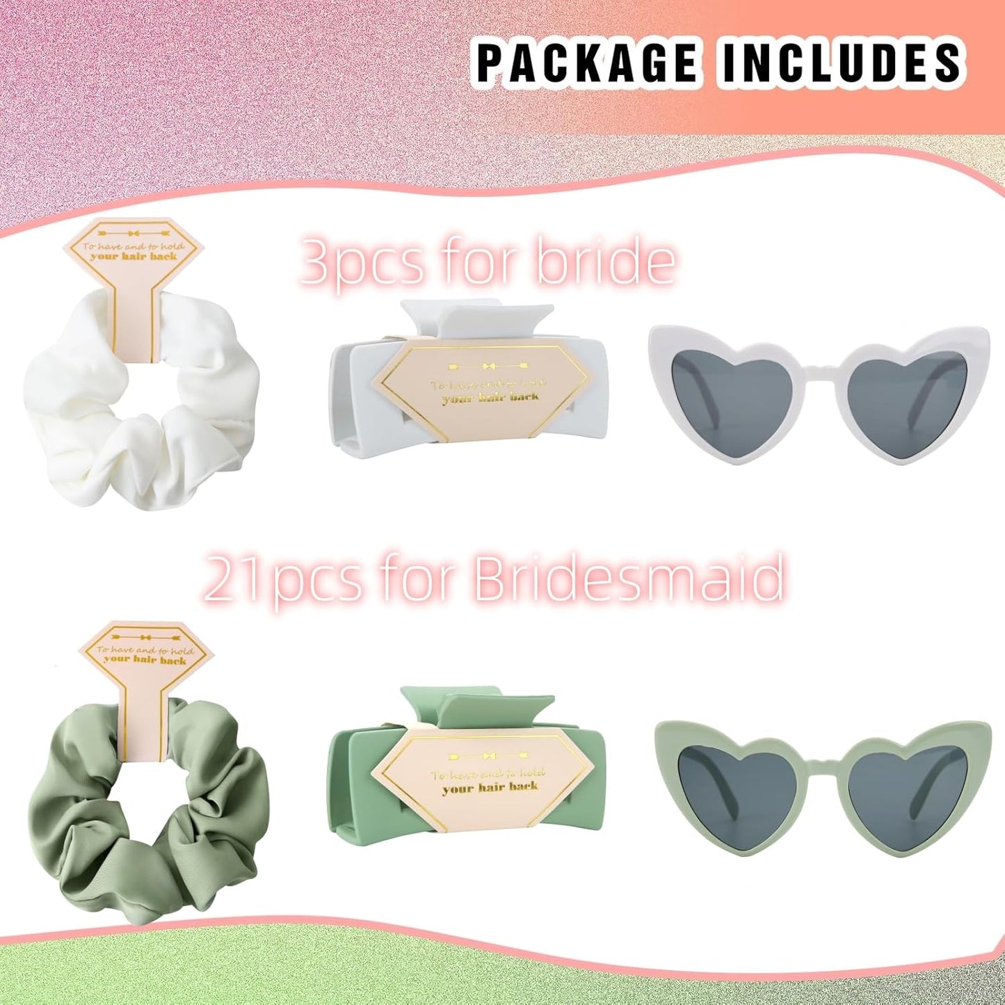Bridesmaid Scrunchies Proposal Gifts Bachelorette Hair Claws Clips Girls heart sunglasses for Wedding Party Favors (White&Rose Gold)