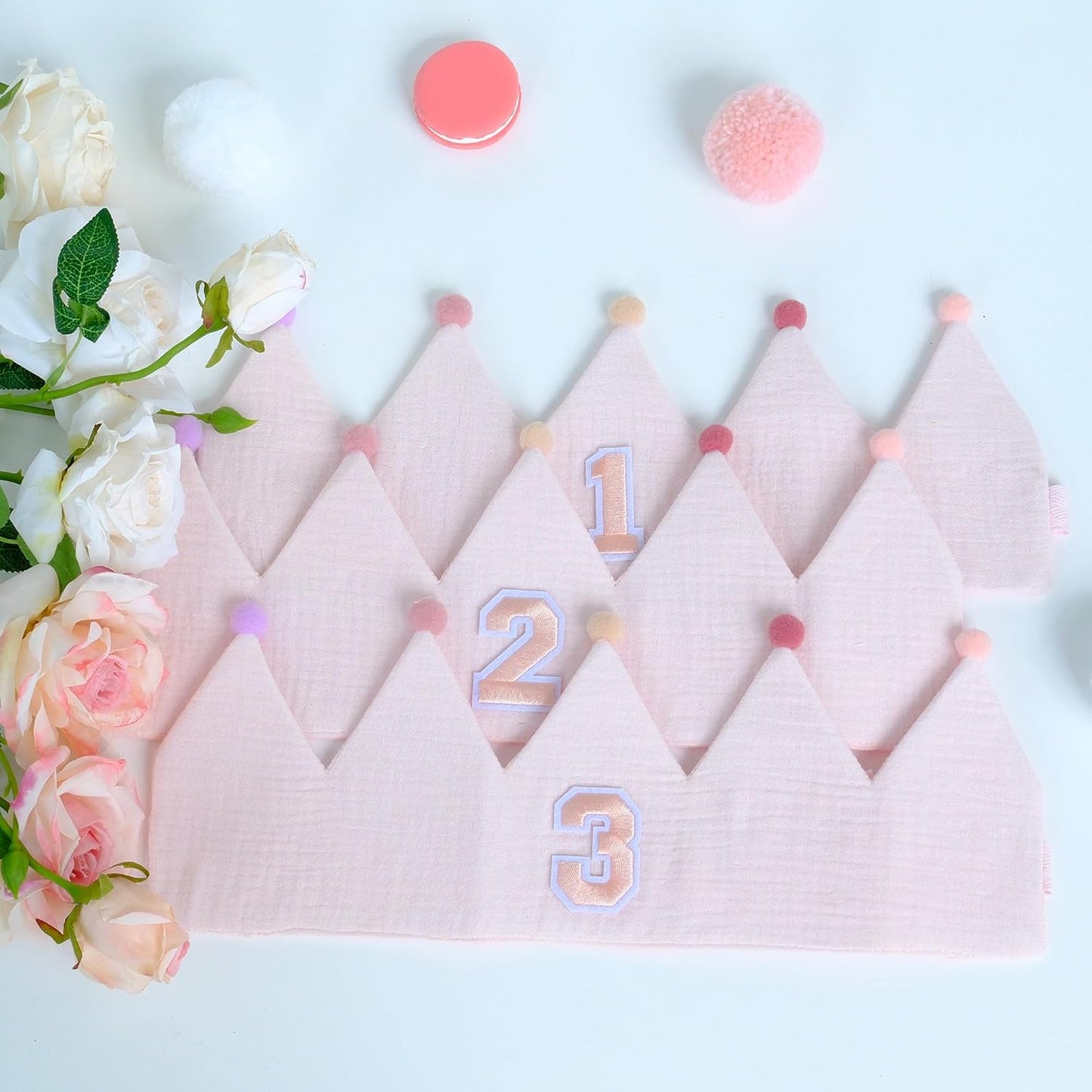 Muslin Crown Hat 1-3 Birthday For Baby Boy Girl Party Decoration Blue Pink Headband