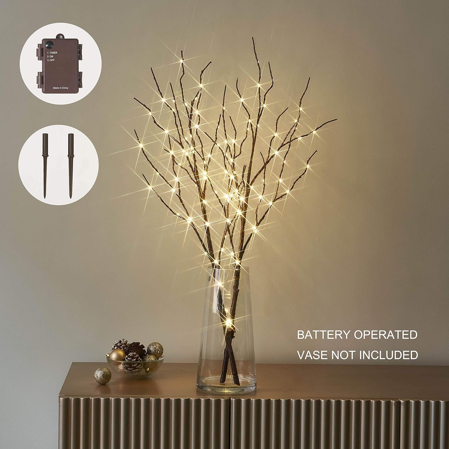 Hairui Lighted Brown Branches Battery Operated with Timer 30IN 100 LED Fairy Lights, Willow Branch Lights for Home Bedroom Fireplace Christmas Holiday Decoration Indoor Outdoor Use (Vase Excluded)