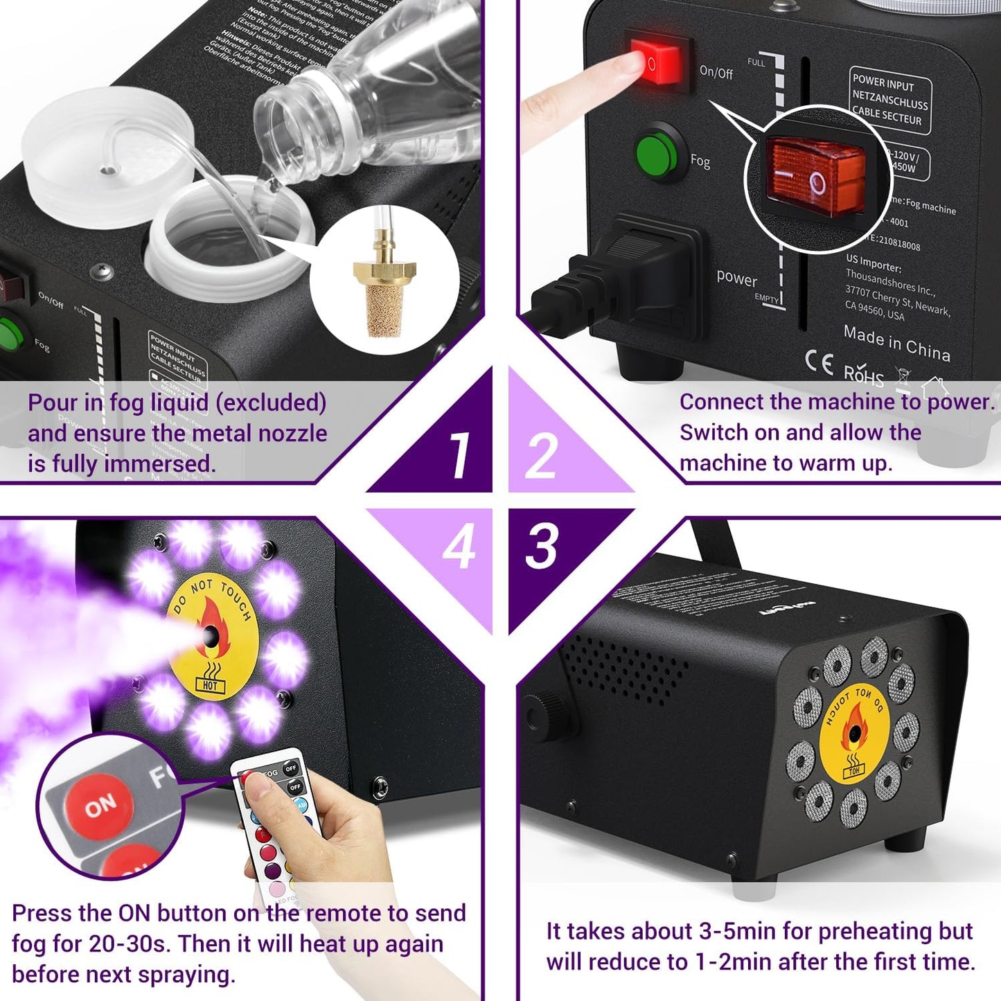 Smoke Machine, Theefun Fog Machine 450w 2500CFM with 9 LED 12 Color Lights Portable 500ml Tank No Liquid Included Stage Smoke Machine Fog Indoor with Wireless Remote Control for Wedding DJ Party