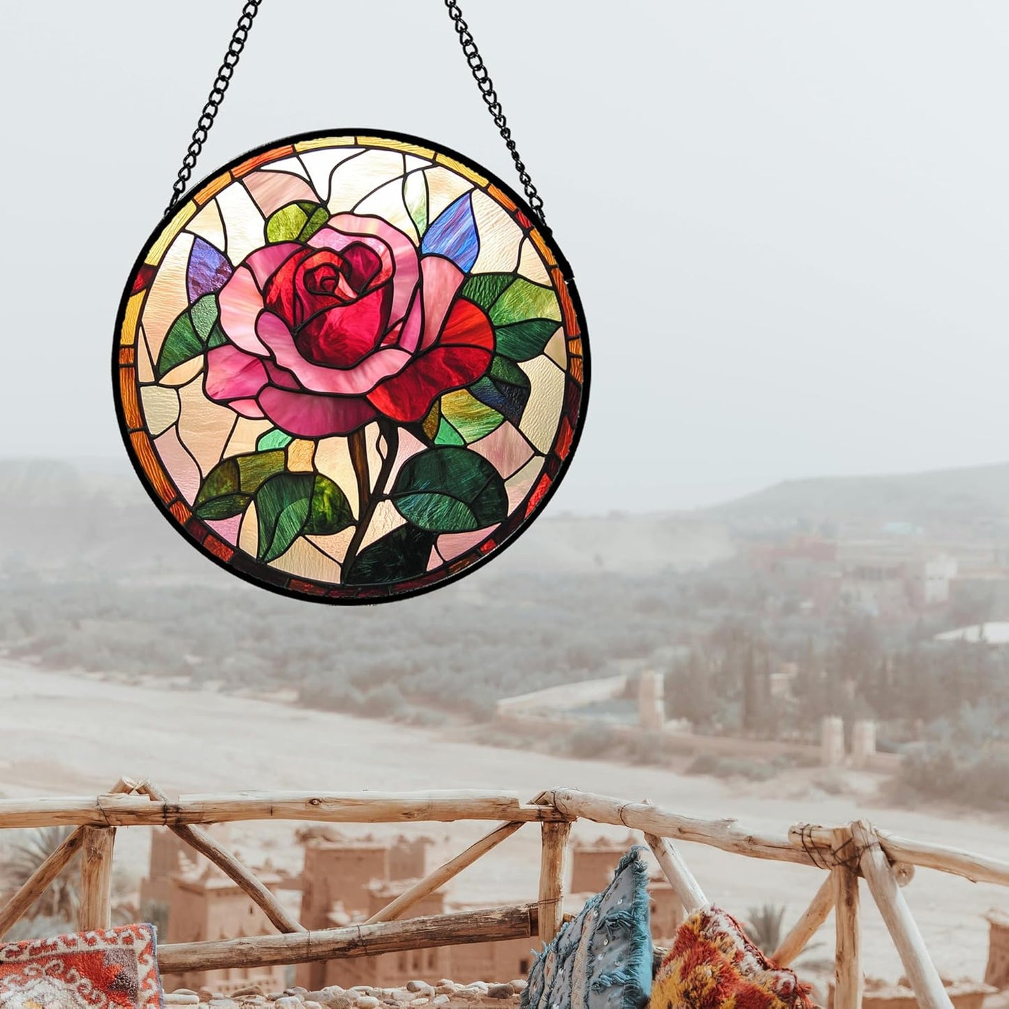Stained Glass Window Hanging - Pink Rose Suncatcher for Door Garden Home Decor Birth Flower Sun Catcher Christmas Birthday for Friend Lovers Women Mom Nana 15 in