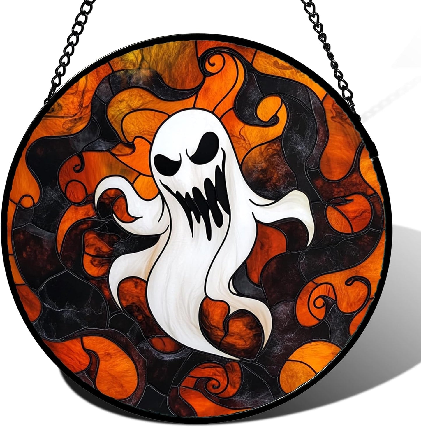 Stained Glass Window Hanging - Halloween White Ghost Suncatcher for Doors Window Garden Indoor Spooky Funny Orange Sun Catchers Gothic Decor Horror Gifts for Women Men Friend 15 in