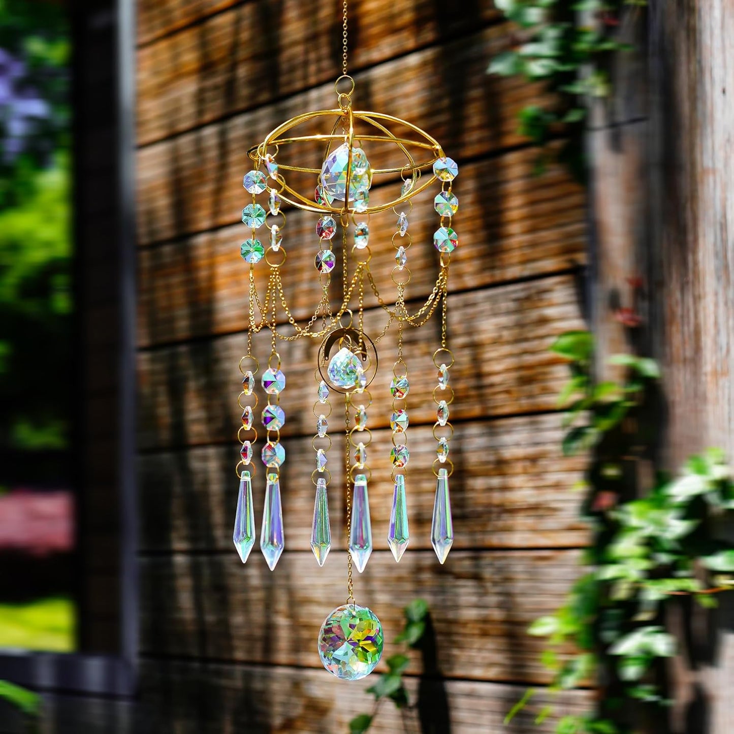 H&D HYALINE & DORA Colored Prisms Crystal Suncatcher Gold Window Sun Catcher Hanging Wind Chime Rainbow Sun Catcher for Home Garden Porch