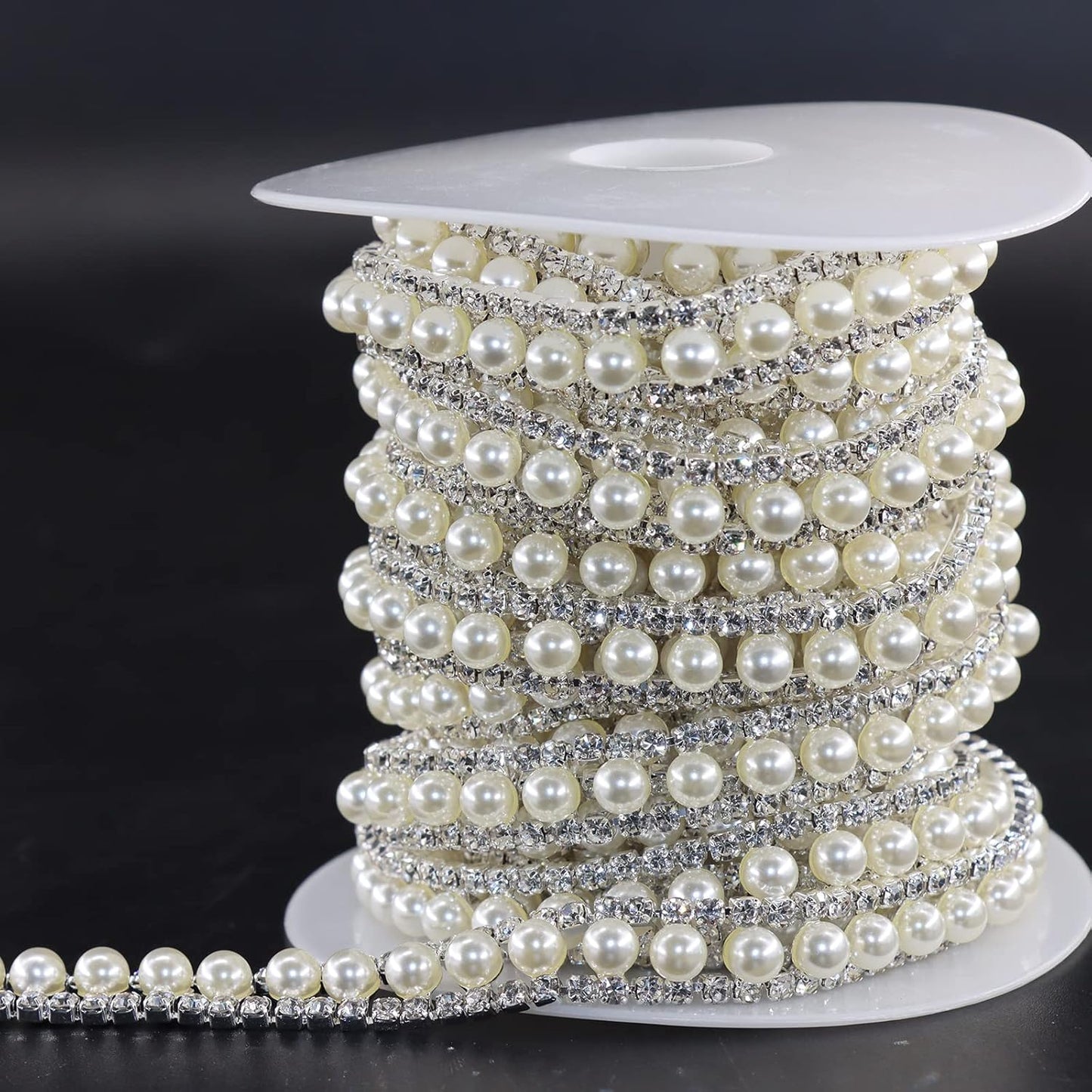 Jerler Rhinestone Trim Applique 1 Yard 2 Rows Crystal Chain Banding Diamond Inlaid White Pearl Beaded Rhinestones for Crafts Clothing and Bridal Embellishments Wedding Ideas Christmas Decorations