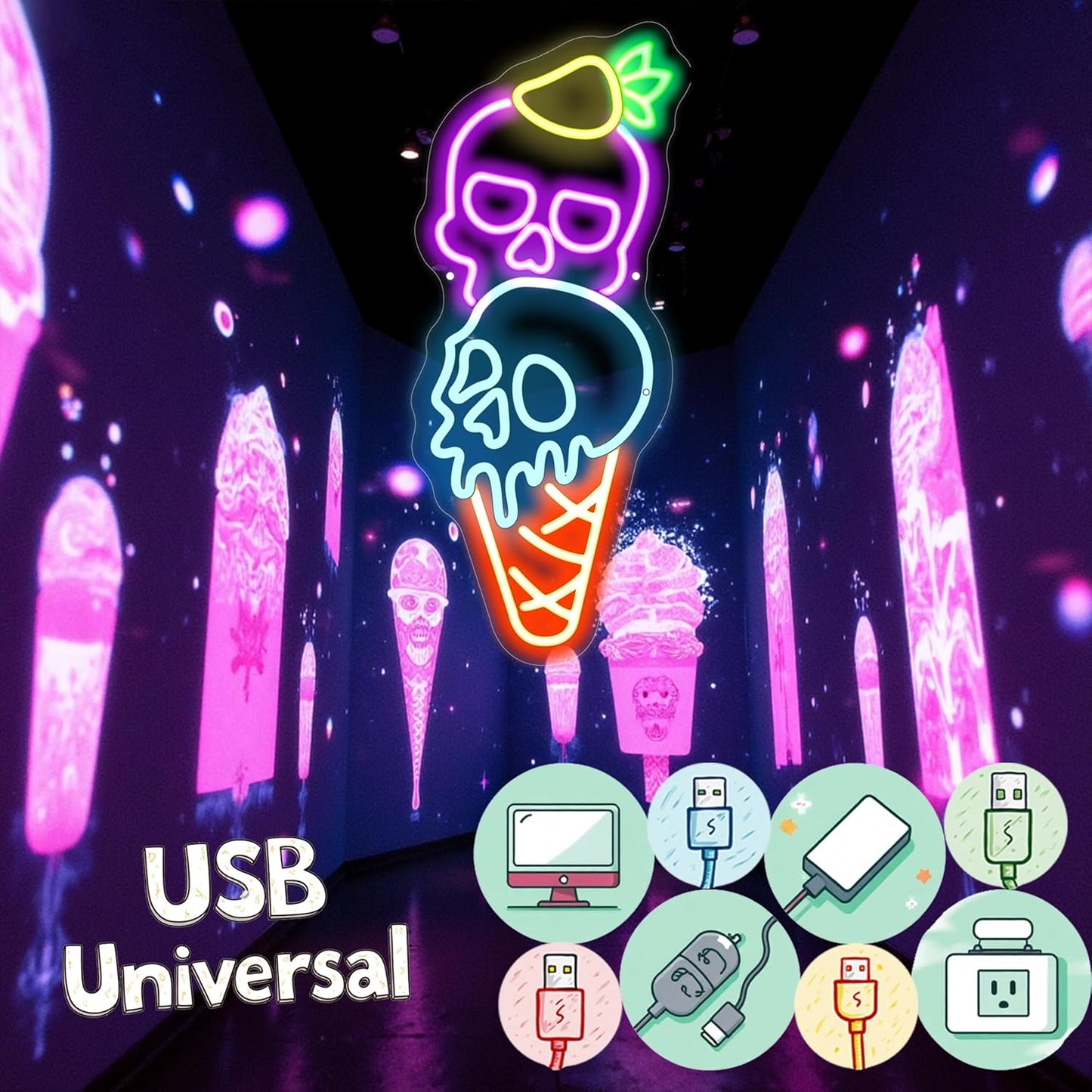 Halloween Ice Cream Skull Neon Sign, Quirky Gothic LED Wall Art,Skull Neon Light Ice Cream Neon Lighht Halloween Decor Wall Halloween Neon Sign Coffee Shop Decor, Christmas Party Bar Drink Shop-Purple