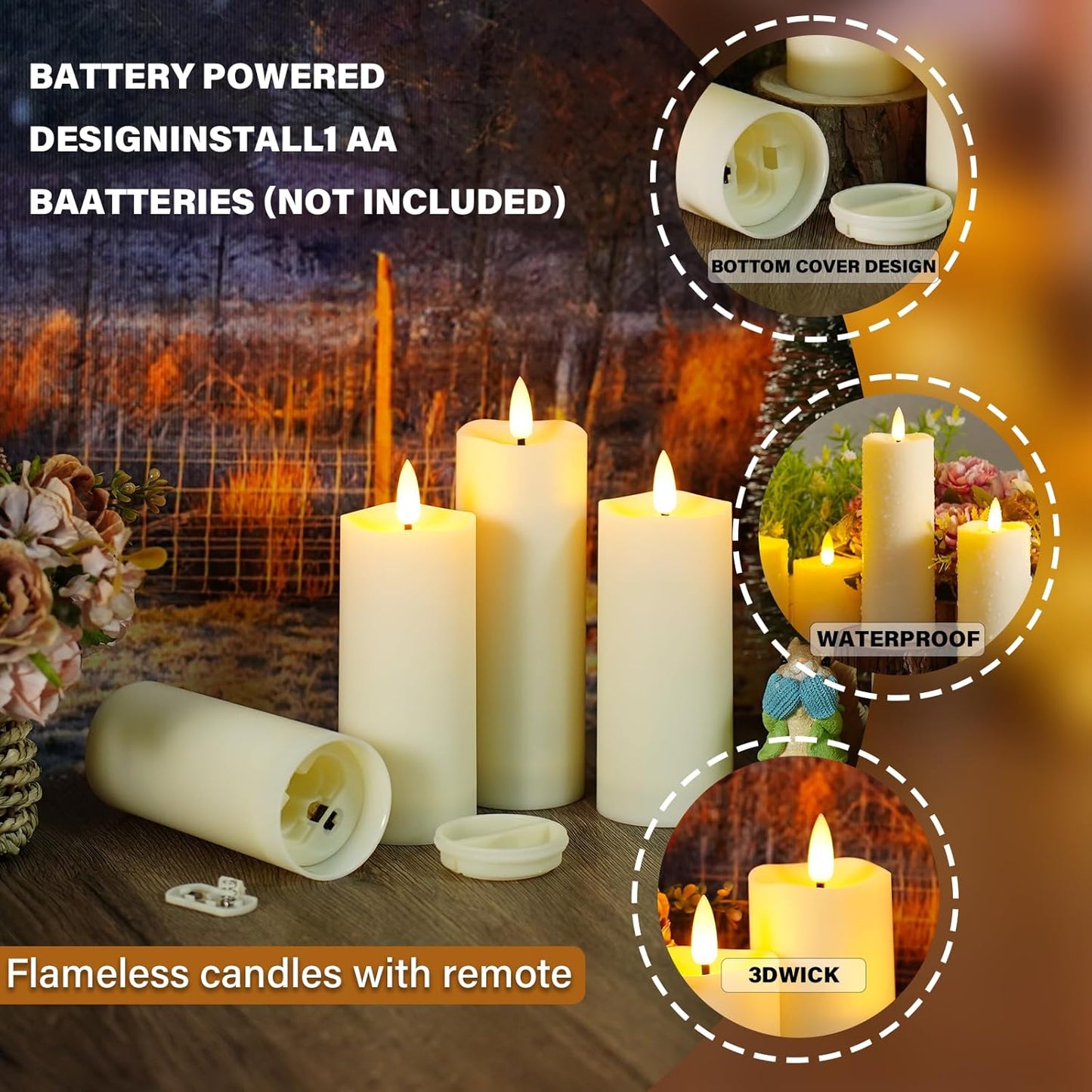 Plastic Waterproof Outdoor flameless Candles, LED Candles, with Remote Control and Timer, Battery-Powered Candles, Suitable for Camping, courtyards and Home Decoration,Set of 2（Ivory）
