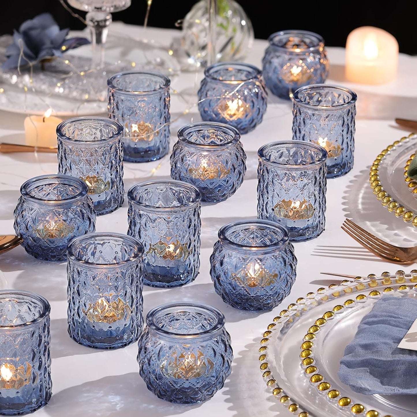 12pcs Assorted Blue Votive Candle Holders, Tea Lights Candle Holder for Wedding Decor, Blue Candle Holders for Table Centerpiece, Bridal Shower, Baby Shower Decorations