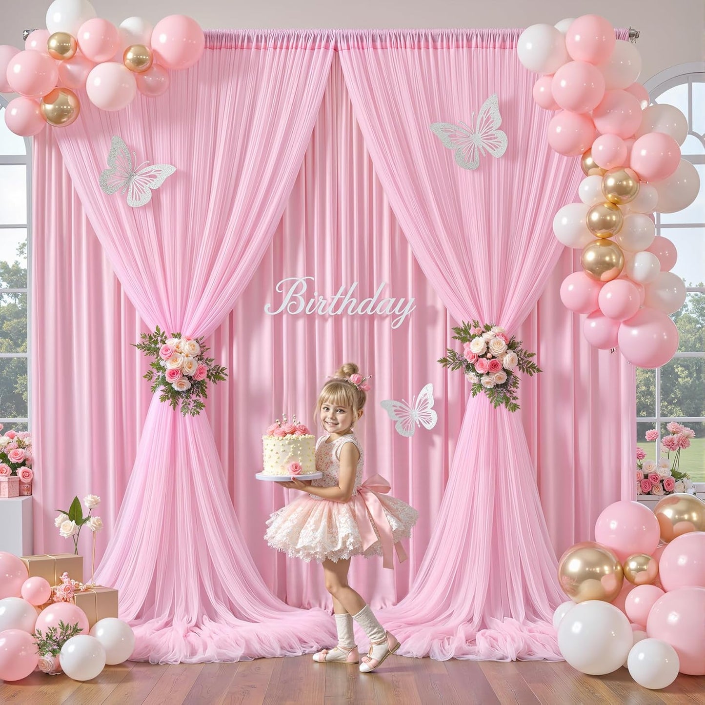 Baby Pink Tulle Backdrop Curtain for Wedding Parties,10ft x 10ft Wrinkle Free Curtain Backdrop,2 Layer Drapes for Backdrop,Polyester Back Drop for Bridal Shower Birthday Baby Shower Photography