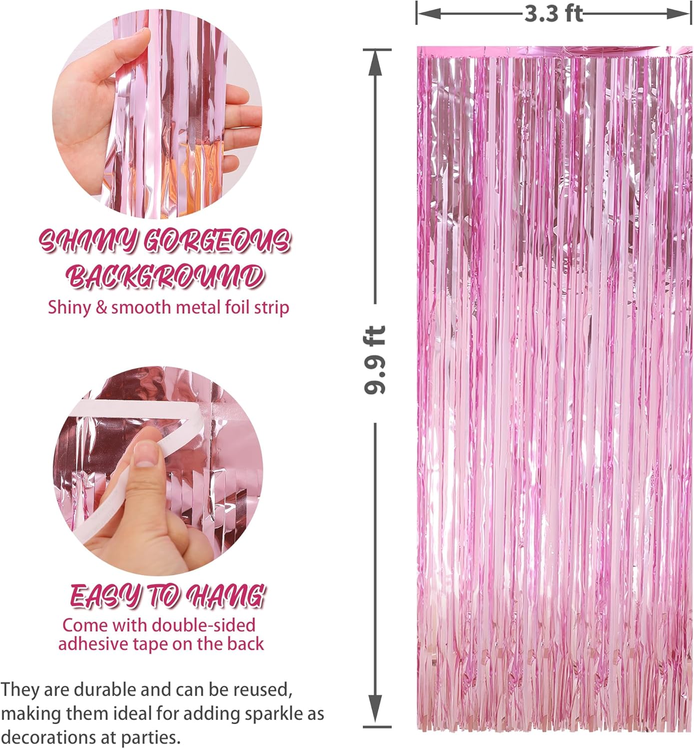 Crosize 3 Pack 3.3 x 9.9 ft Pink Foil Fringe Glitter Curtains Party Decorations, Tinsel Backdrop for Parties, Door Streamers for Birthday, Photo Booth Backdrops, Party Decor