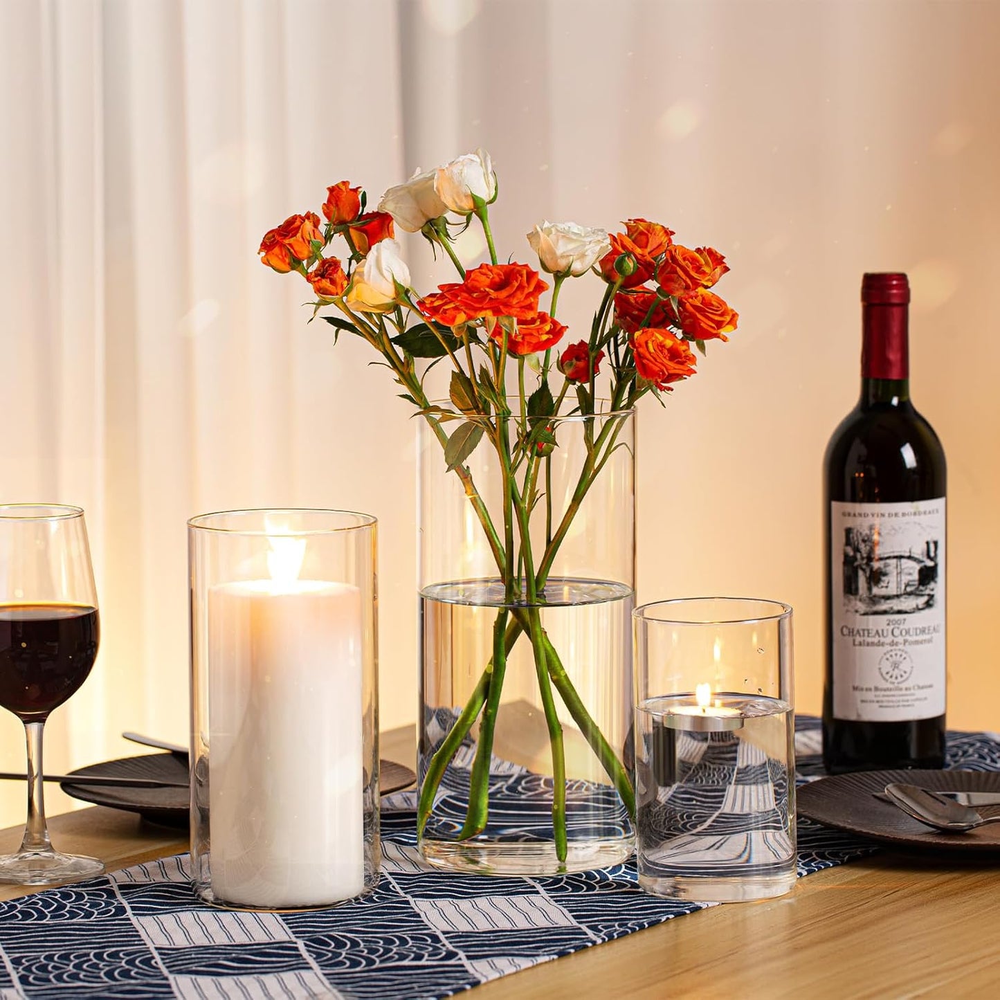 PHOSPHOR Hurricane Candle HoldersFor Pillar Candle Clear Glass Cylinder Centerpieces Vases Table Decoration Centerpiece Floral Room Decor Clear Seeded Bubbles Living Dining Kitchen 3 Pieces