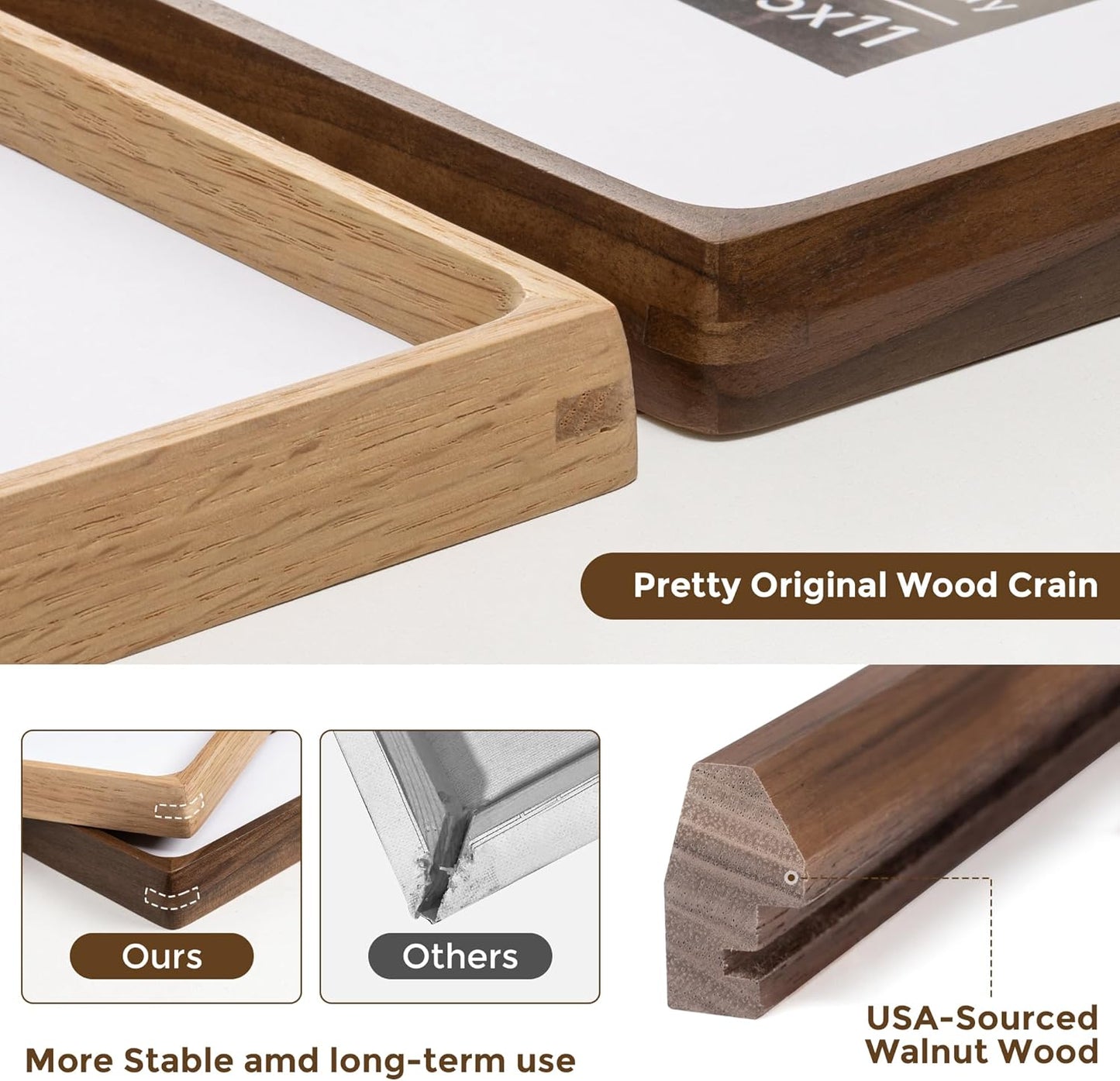 16x20 Frames USA-Sourced Natural Walnut Wood Solid Wood Picture Frame Handcrafted Rounded Corner with Mat to 11x14 Display with Real Glass Family Picture, Wedding Picture