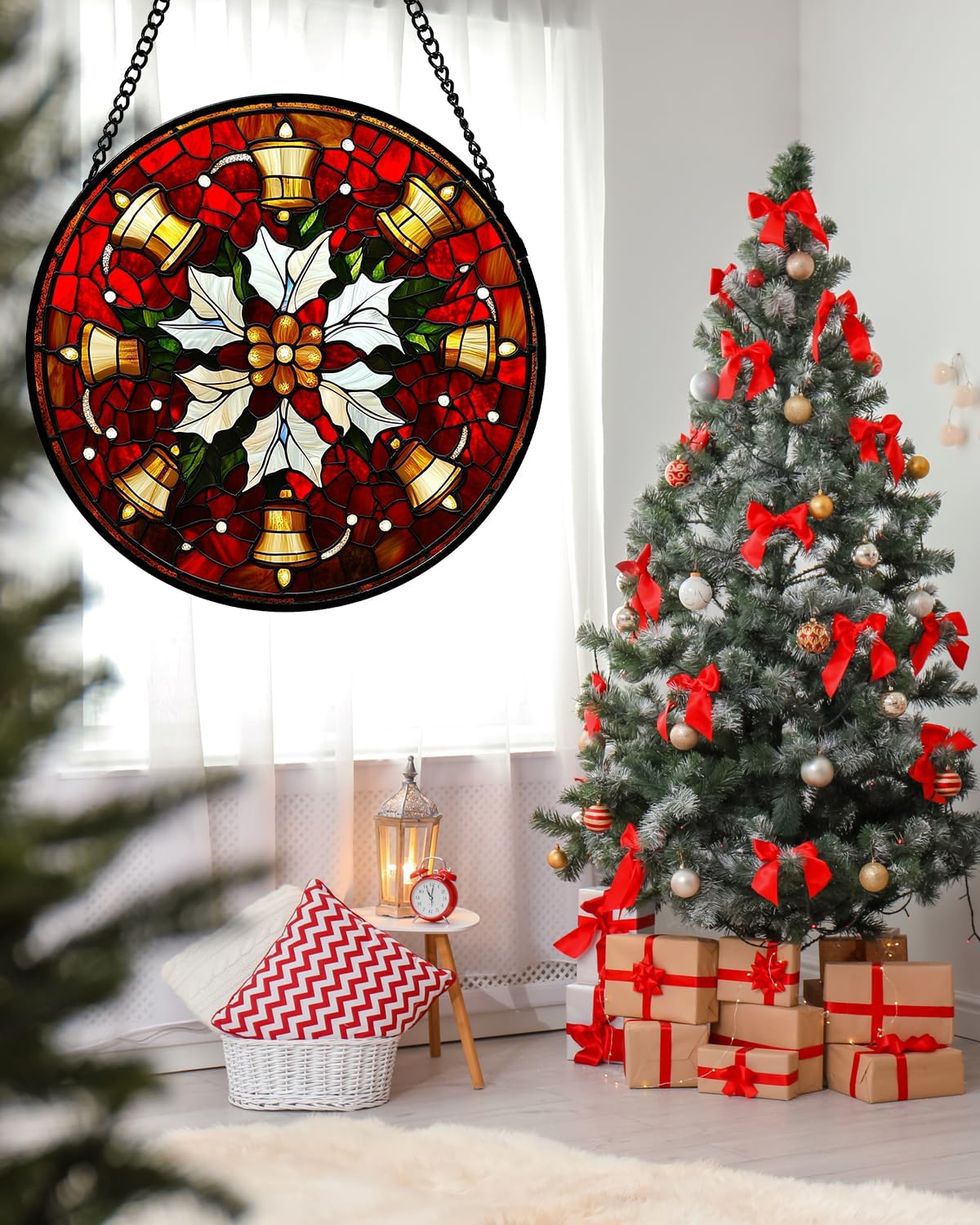 Stained Glass Window Hanging - Golden Bells Flowers Suncatcher for Doors Home Christmas Decoration Winter Sun Catcher Thanksgiving New Year Birthday Gift for Friend Women Men Mom Nana 15 in