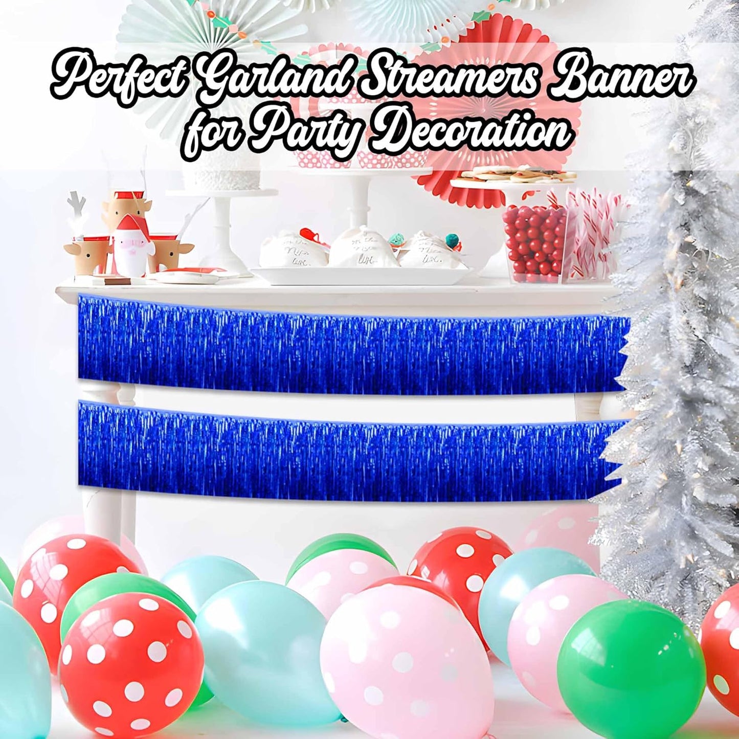 6 Pack 10 Ft Blue Foil Fringe Garland Metallic Streamers Tinsel Banner Wall Hanging Garland Backdrop for Parade Floats, Halloween, Christmas, Thanksgiving, New Year Party Decorations