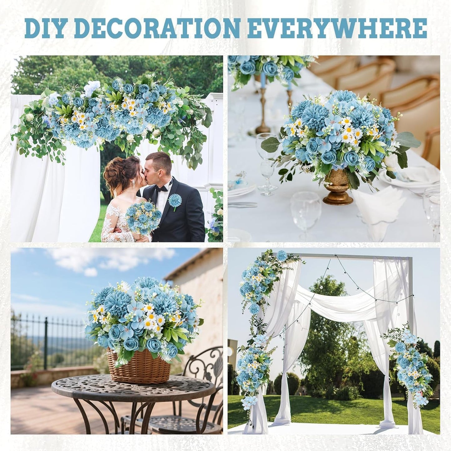 12 Bundles Artificial Flowers Blue Fake Rose Flower Mixed Chrysanthemum Hydrangea Flower Arrangements for DIY Wedding Table Centerpieces Party Baby Shower Home Decorations